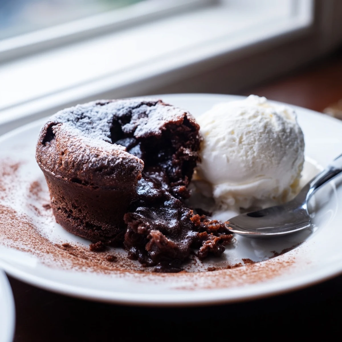 Chocolate Lava Cakes with Vanilla Ice Cream are plated with rich, gooey centers and a light cocoa powder dusting.