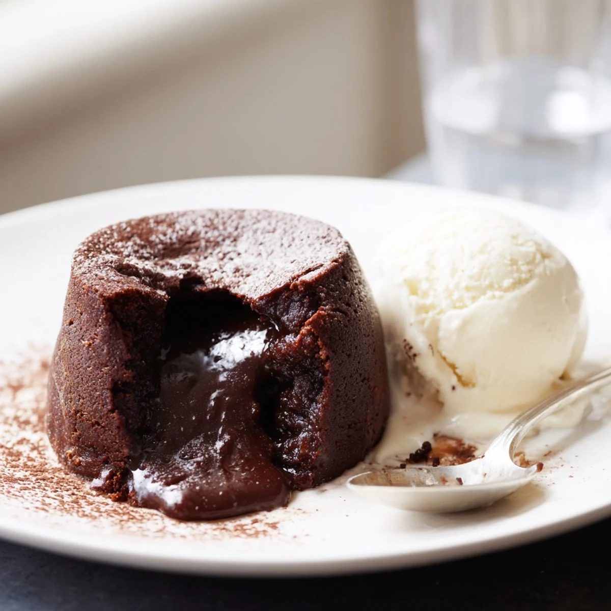 Decadent Chocolate Lava Cakes with Vanilla Ice Cream are served immediately with a golden fork resting on the plate.