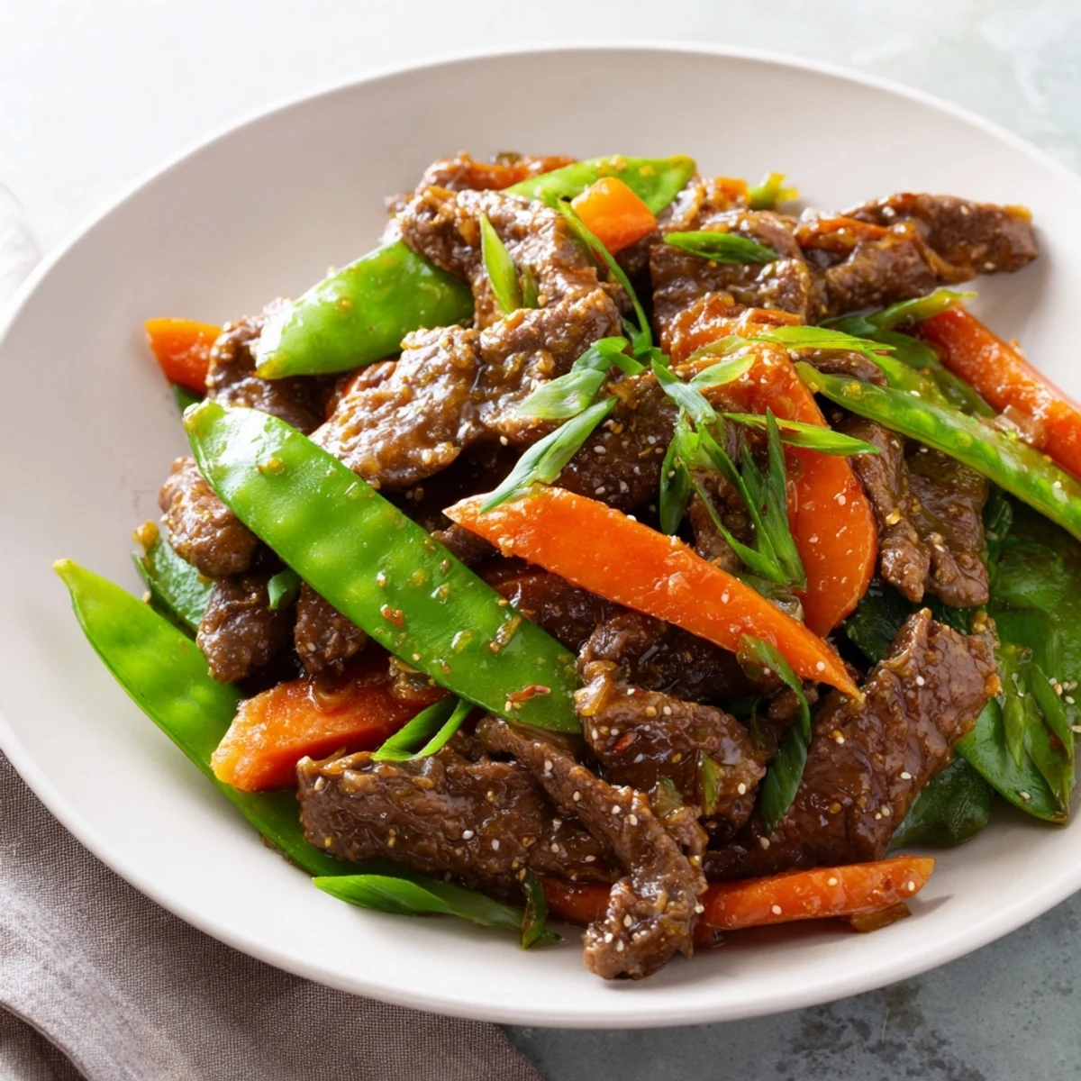 Steak slices and colorful veggies glisten in savory sauce over fluffy white rice.