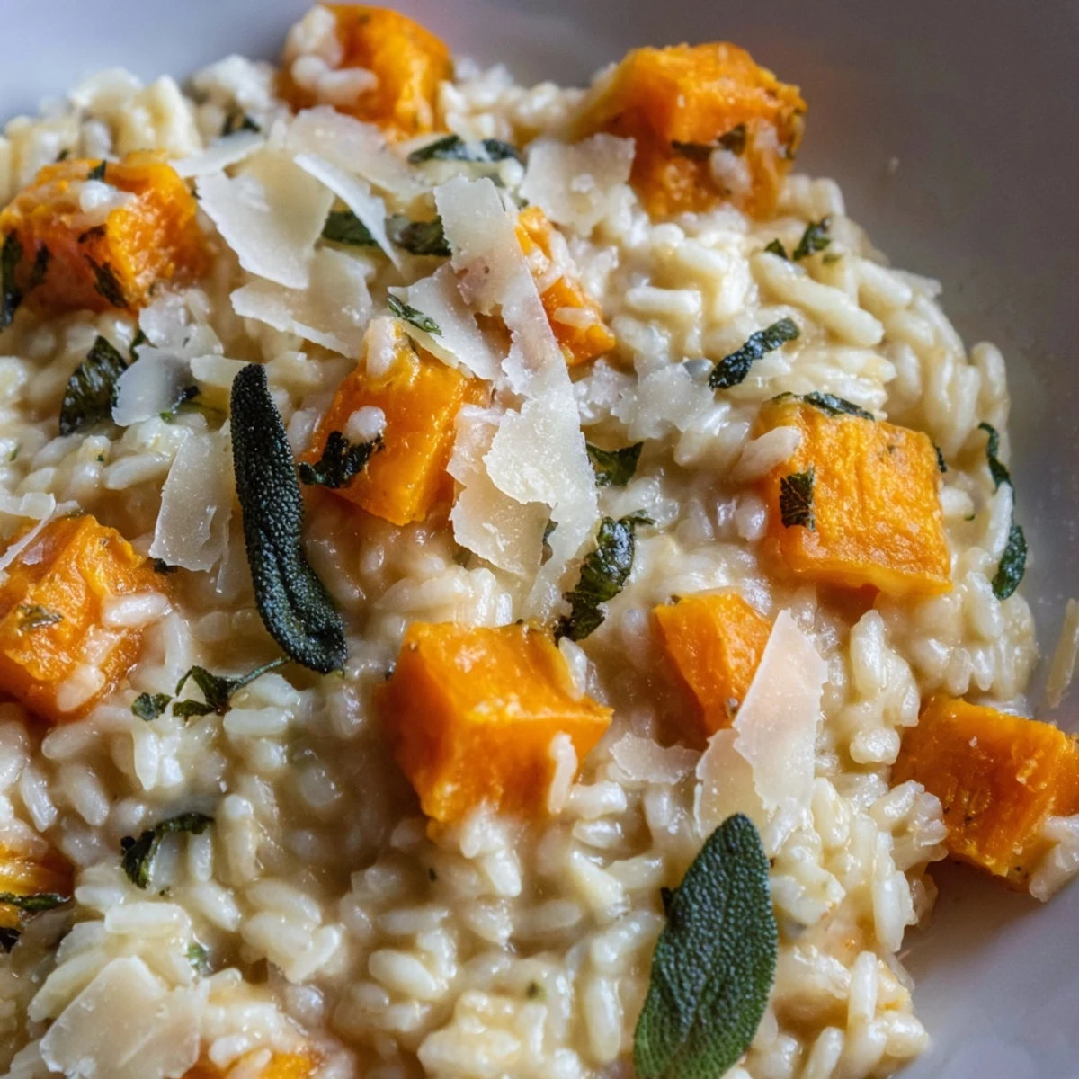 Steaming bowl of homemade Winter Squash Risotto with Sage and Parmesan, featuring tender roasted squash cubes on top.  