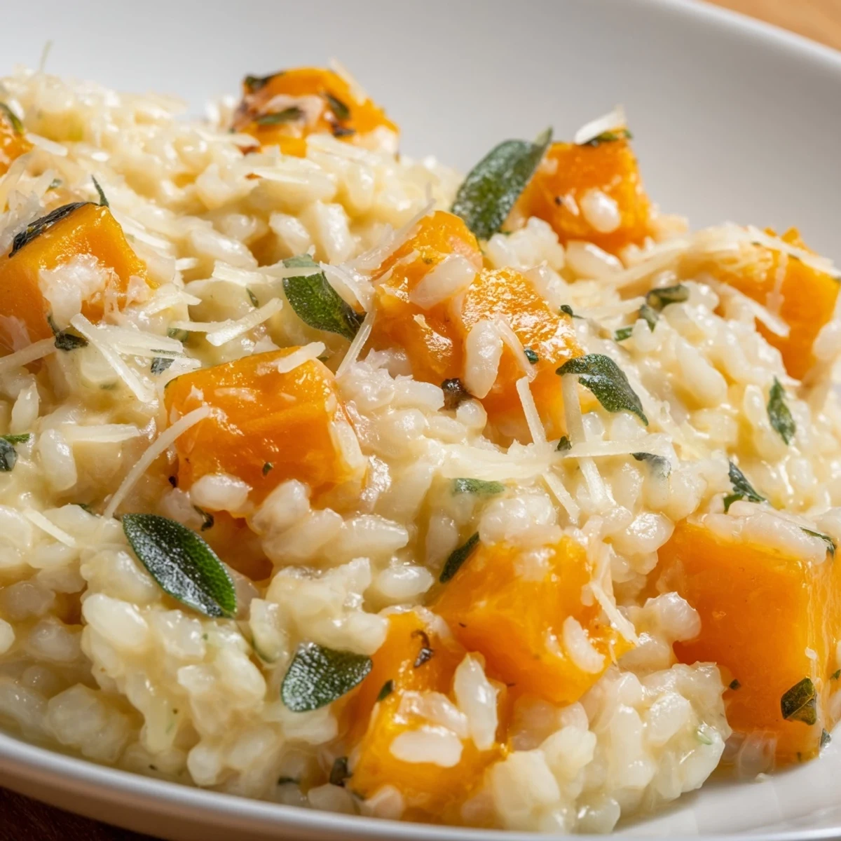 A close-up of creamy Winter Squash Risotto with Sage and Parmesan, garnished with fresh sage leaves and a sprinkle of cheese.  