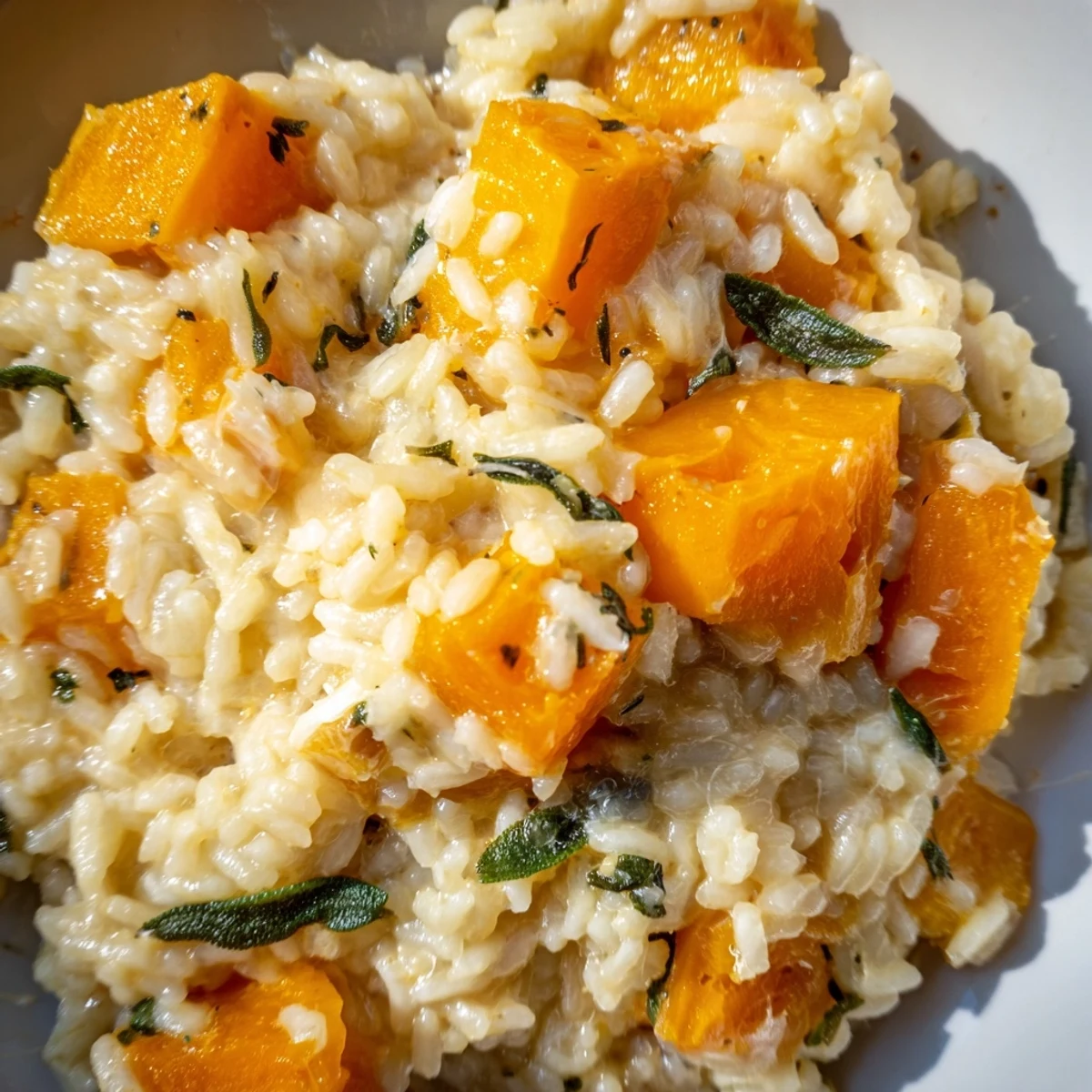 Vibrant orange Winter Squash Risotto with Sage and Parmesan, served in a rustic ceramic bowl with a wooden spoon.