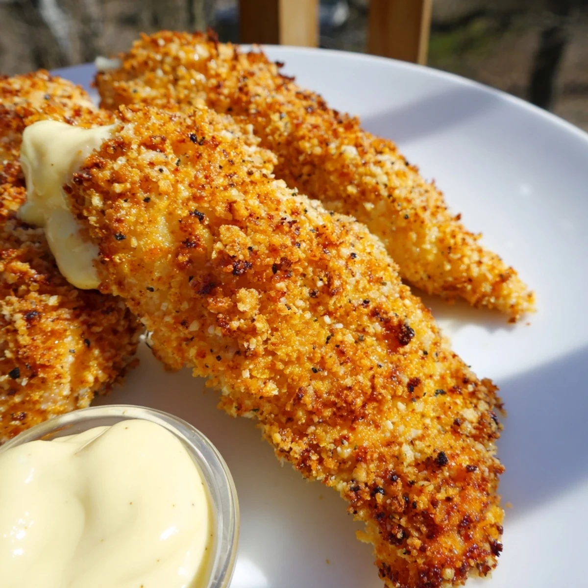 Oven-baked chicken tenders coated in seasoned panko and parmesan, arranged on a baking sheet beside tangy honey mustard dip.