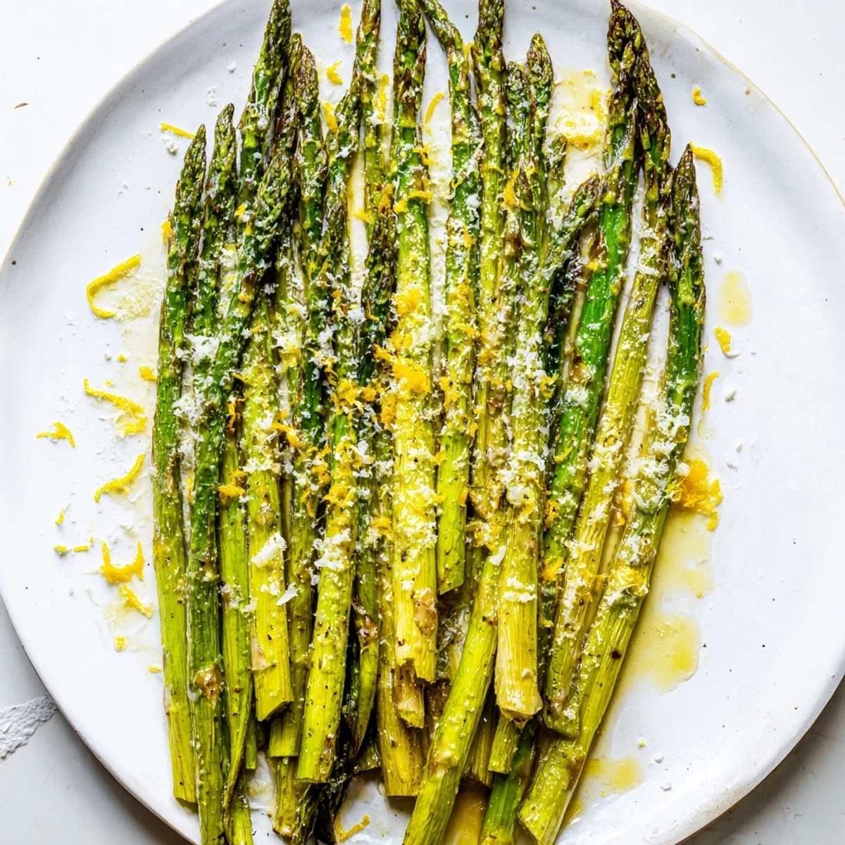 Freshly roasted asparagus topped with Parmesan and lemon juice, a bright and easy side dish for dinner.