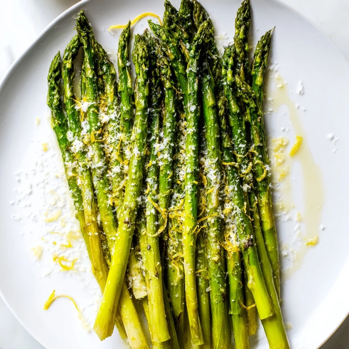 Golden roasted asparagus with savory Parmesan, lemon zest, and olive oil, plated with grilled chicken for a meal.