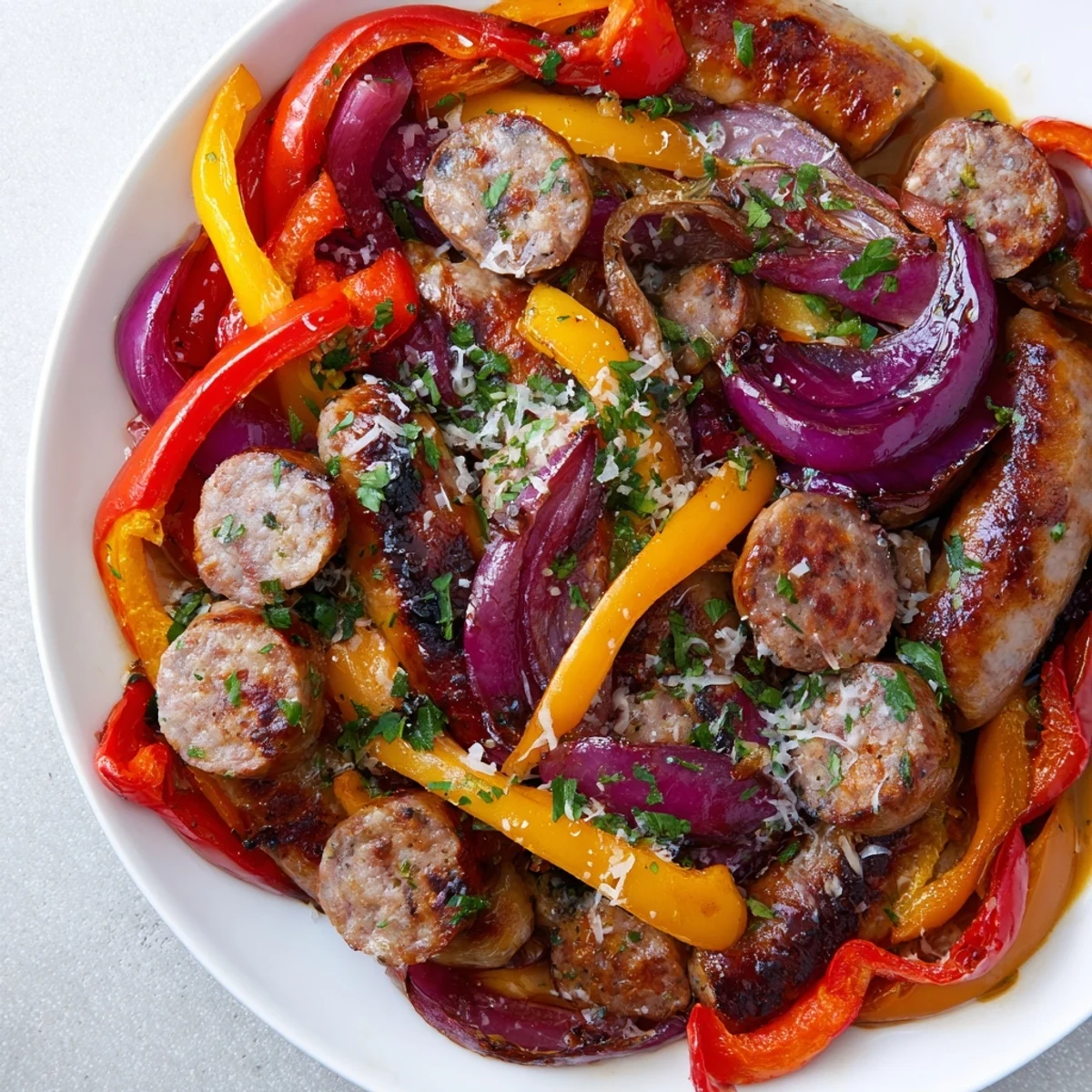 Golden-brown Italian sausages roasted alongside vibrant red and yellow bell peppers on a sheet pan, garnished with fresh parsley for a quick weeknight dinner.