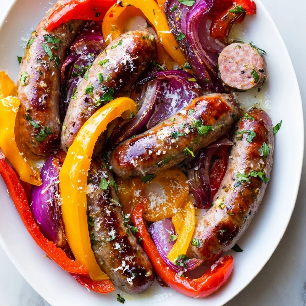 Juicy, spiced sausages nestled among caramelized onions and sweet peppers on a large baking sheet, ready to be served over creamy polenta.