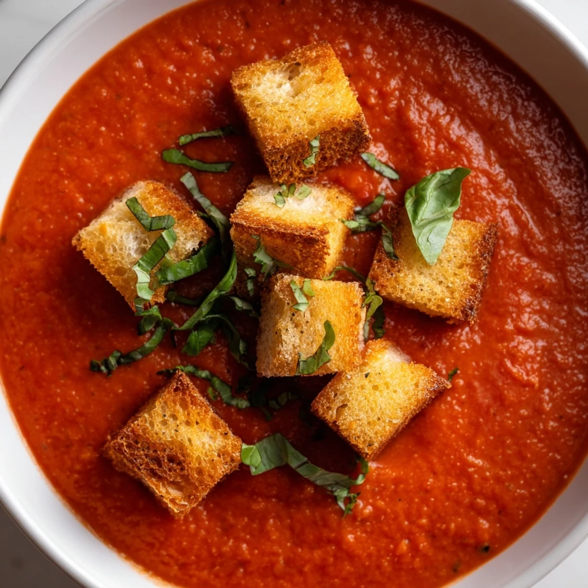 A bowl of creamy tomato basil bisque topped with golden, crunchy croutons, garnished with fresh basil.  