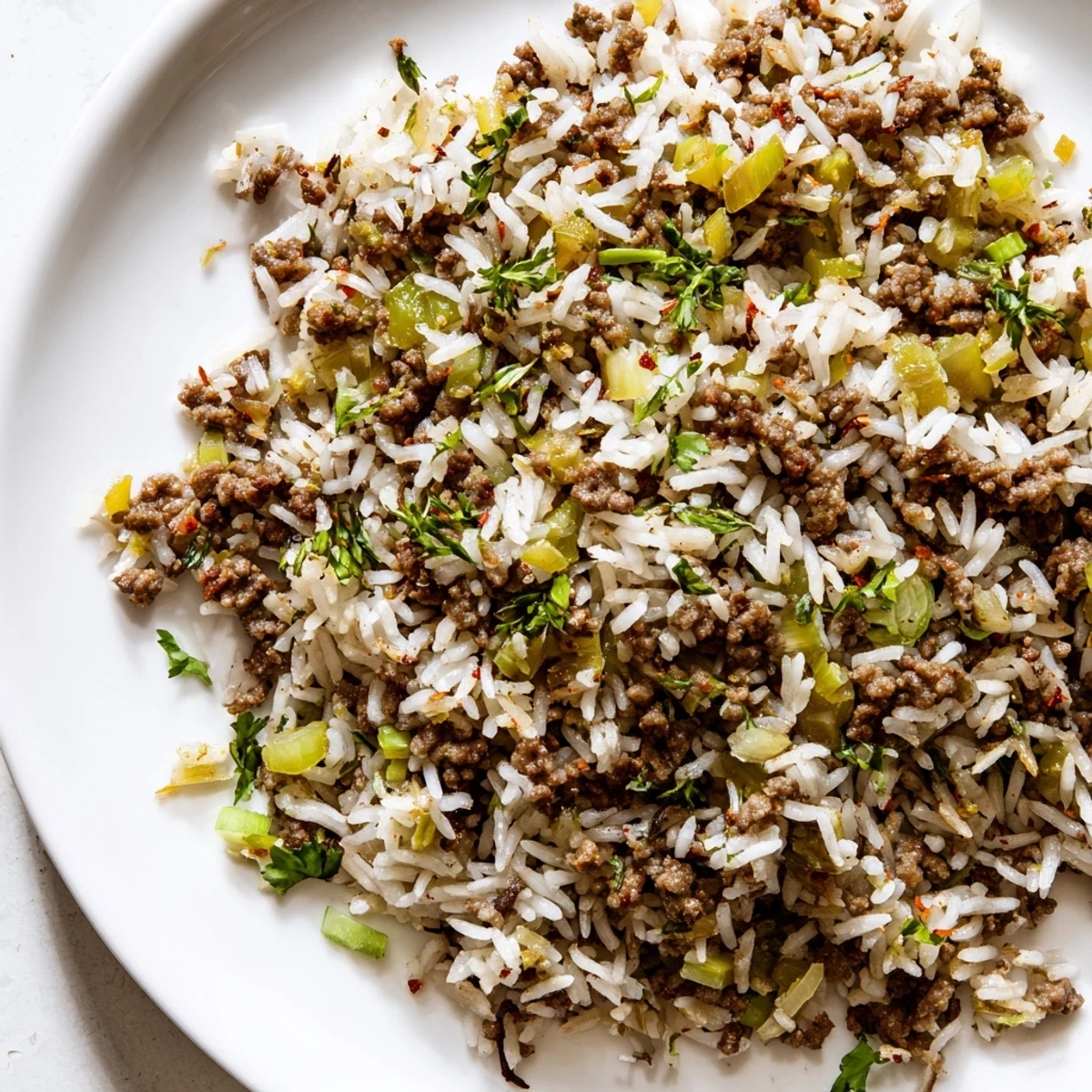 A hearty serving of Mardi Gras Dirty Rice with Beef, featuring seasoned ground beef, aromatic vegetables, and fluffy rice, garnished with fresh green onions.  