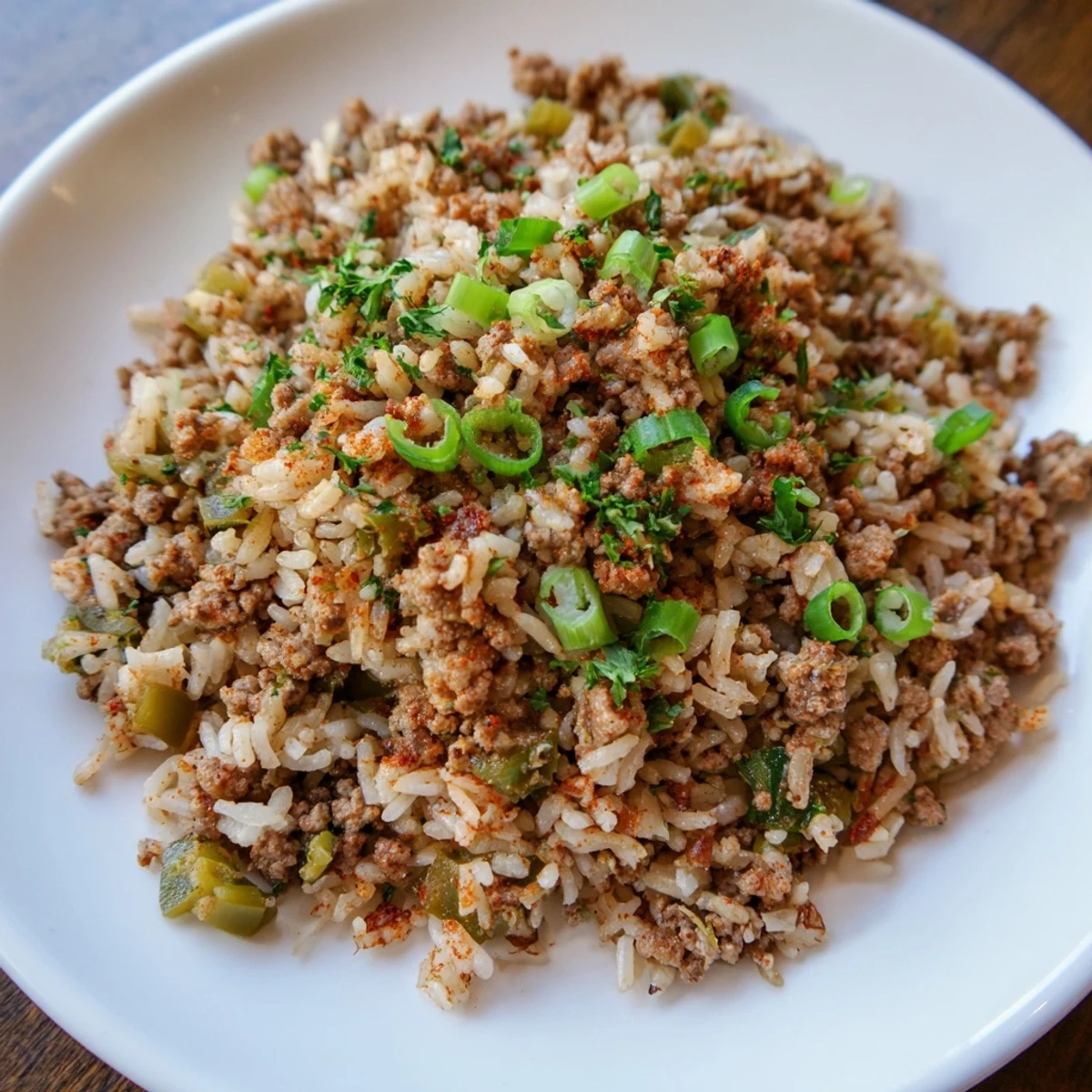 Steaming bowl of Mardi Gras Dirty Rice with Beef, a Cajun classic with rich spices and tender meat, perfect for festive celebrations.  