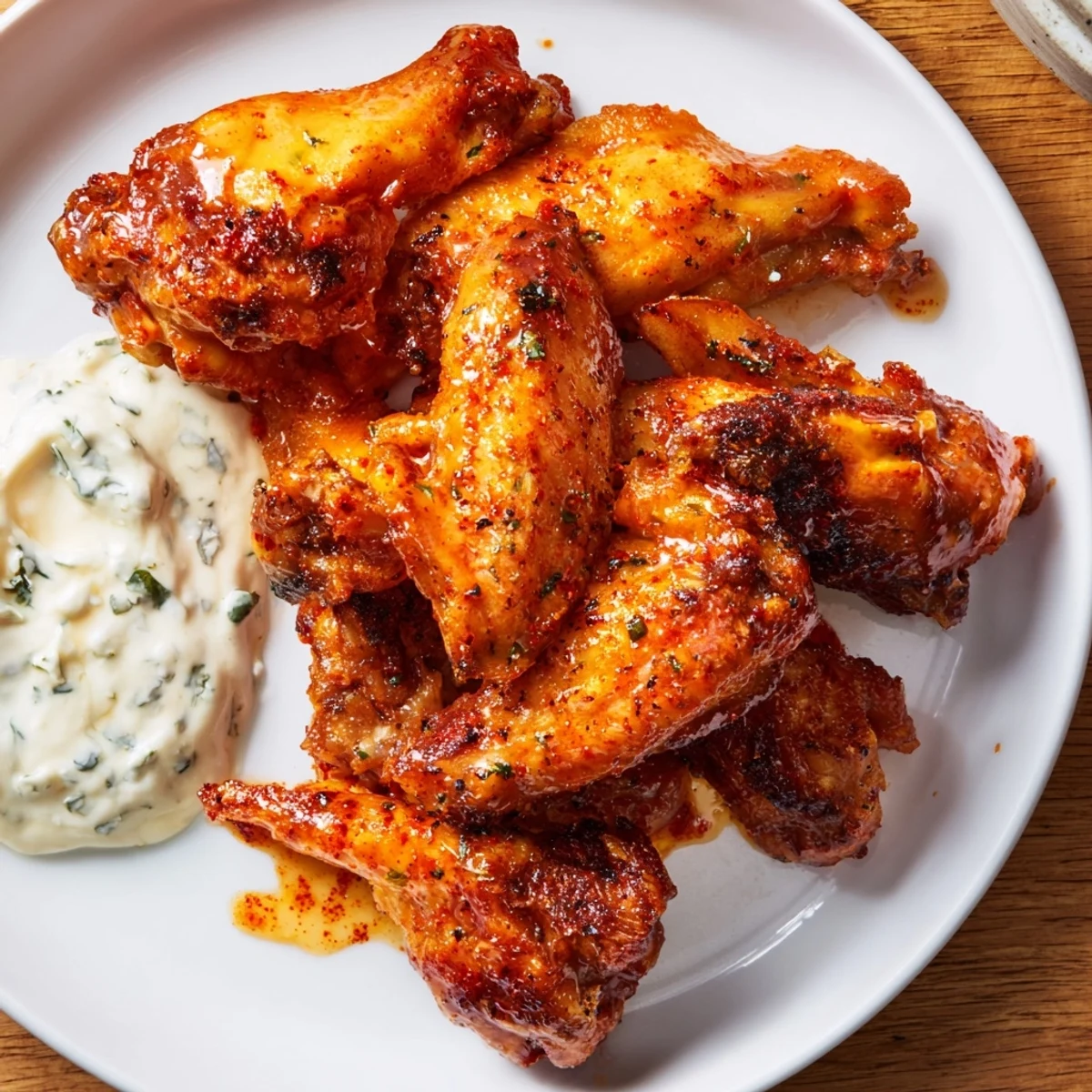 Crispy Championship Chicken Wings glistening with spicy orange sauce and served alongside creamy homemade ranch dip and fresh veggies.