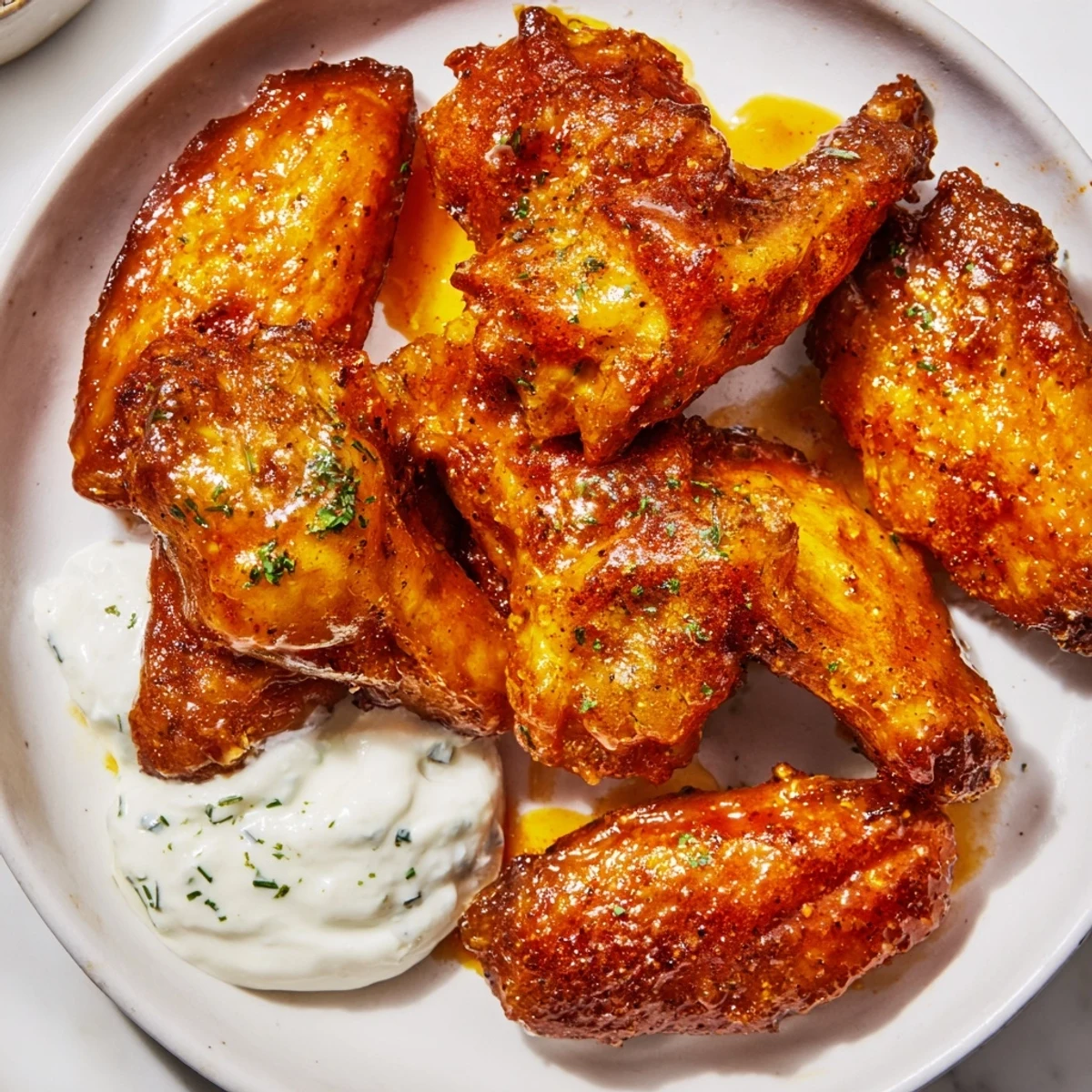 Freshly prepared Championship Chicken Wings topped with herbs, paired with crunchy celery sticks and a bowl of homemade ranch.
