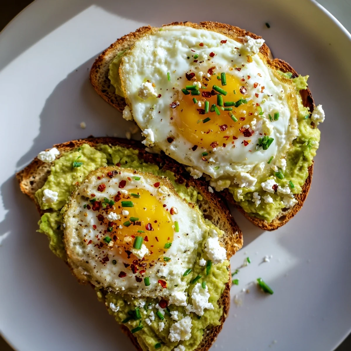 Creamy avocado and sunny-side-up egg on toasted whole grain bread, garnished with chives and feta for a savory brunch plate.  