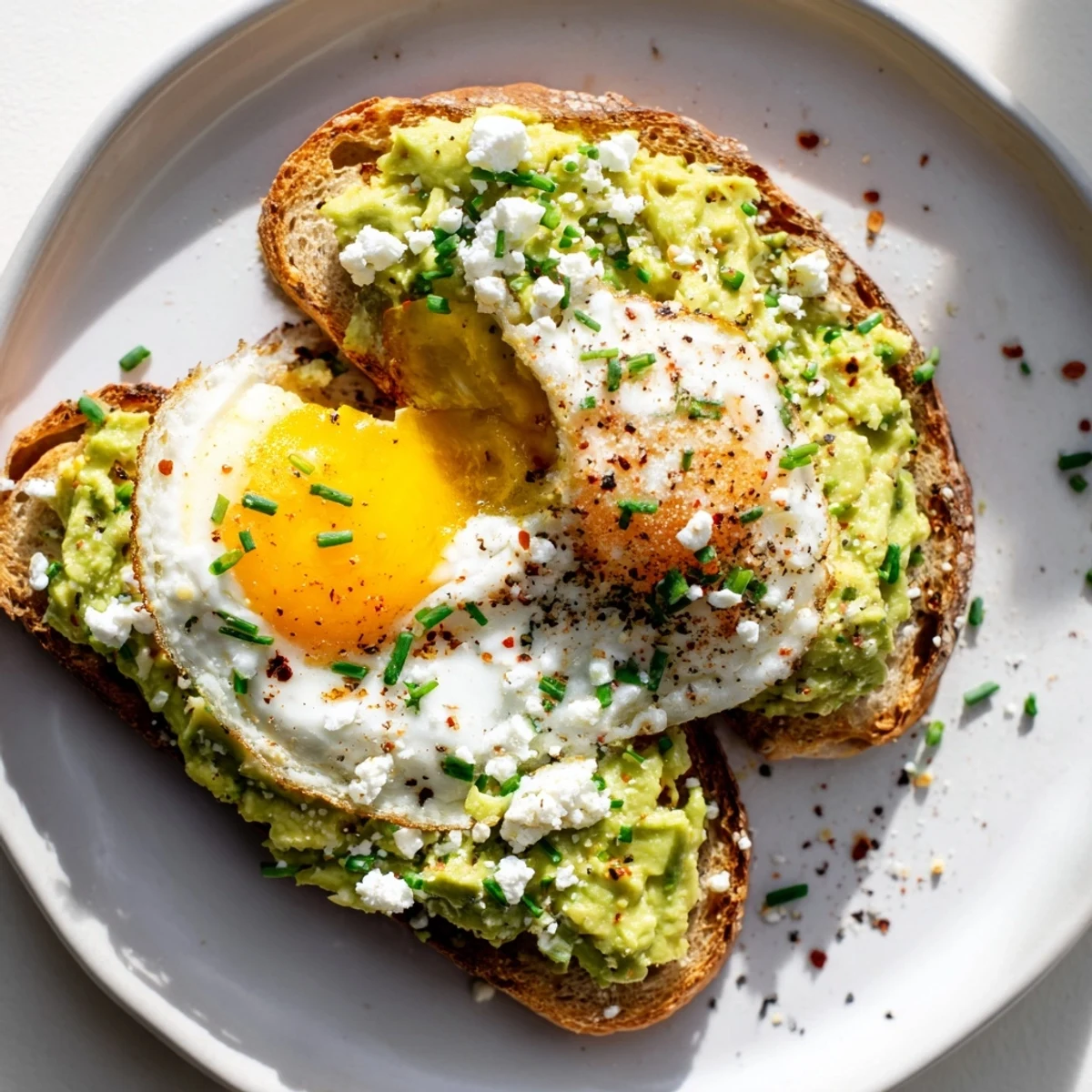 Homemade Green Avocado Toast with a runny-yolk egg, fresh herbs, and crumbled feta, ready for a quick, satisfying breakfast.