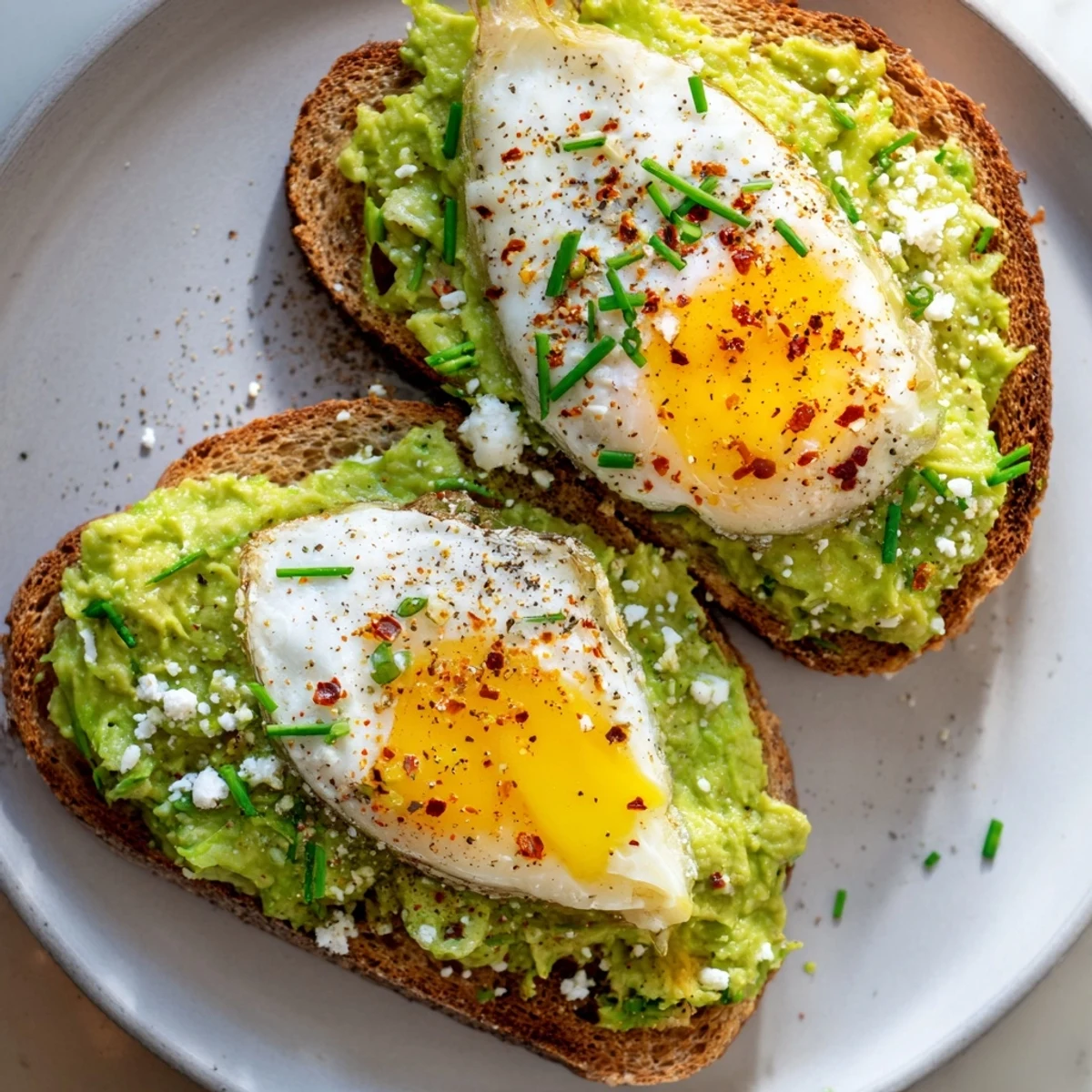 Vibrant green avocado toast topped with a perfectly fried egg, cracked pepper, and red pepper flakes on crispy, golden-brown bread.  