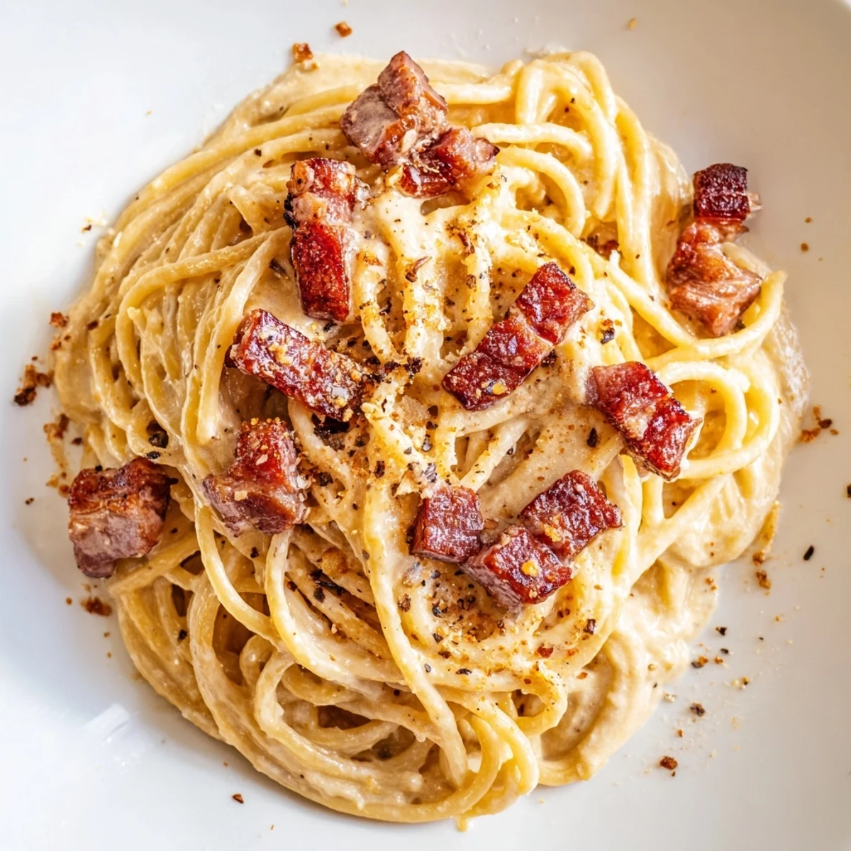 A romantic pasta carbonara with golden beef bacon strips and grated Parmesan over steaming spaghetti on a rustic plate.