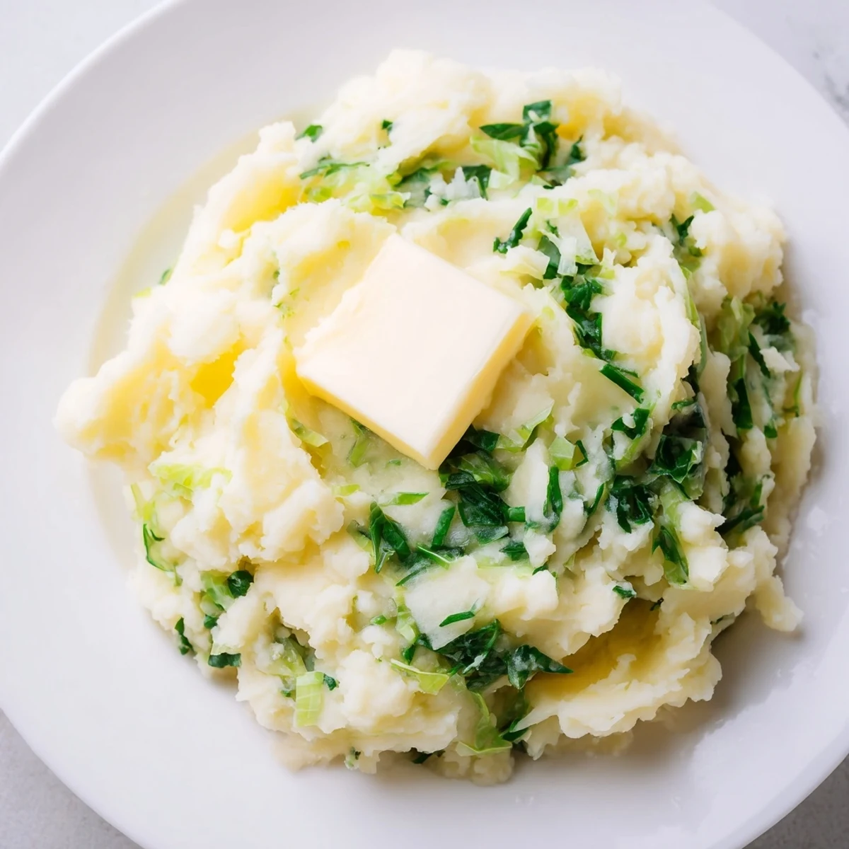 A bowl of creamy Irish Cabbage and Potato Mash topped with a pat of melting butter, beside sausages.