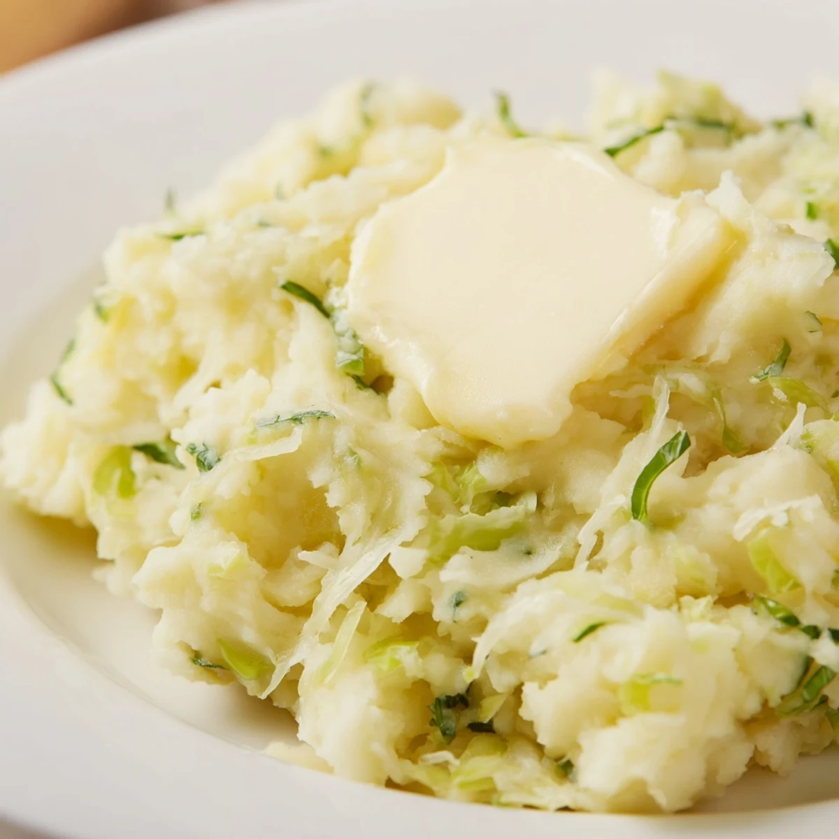 Close-up of fluffy Irish Cabbage and Potato Mash with tender green cabbage and sliced scallions mixed in.