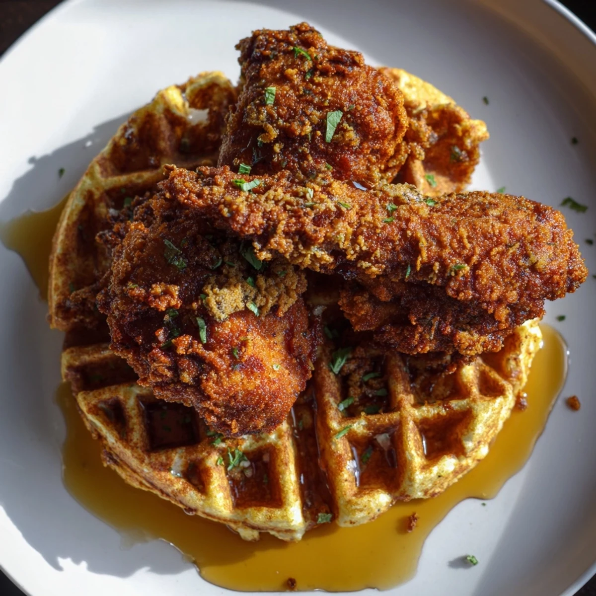 Hot Cajun chicken and golden waffles with fresh chives and syrup, ready to serve.