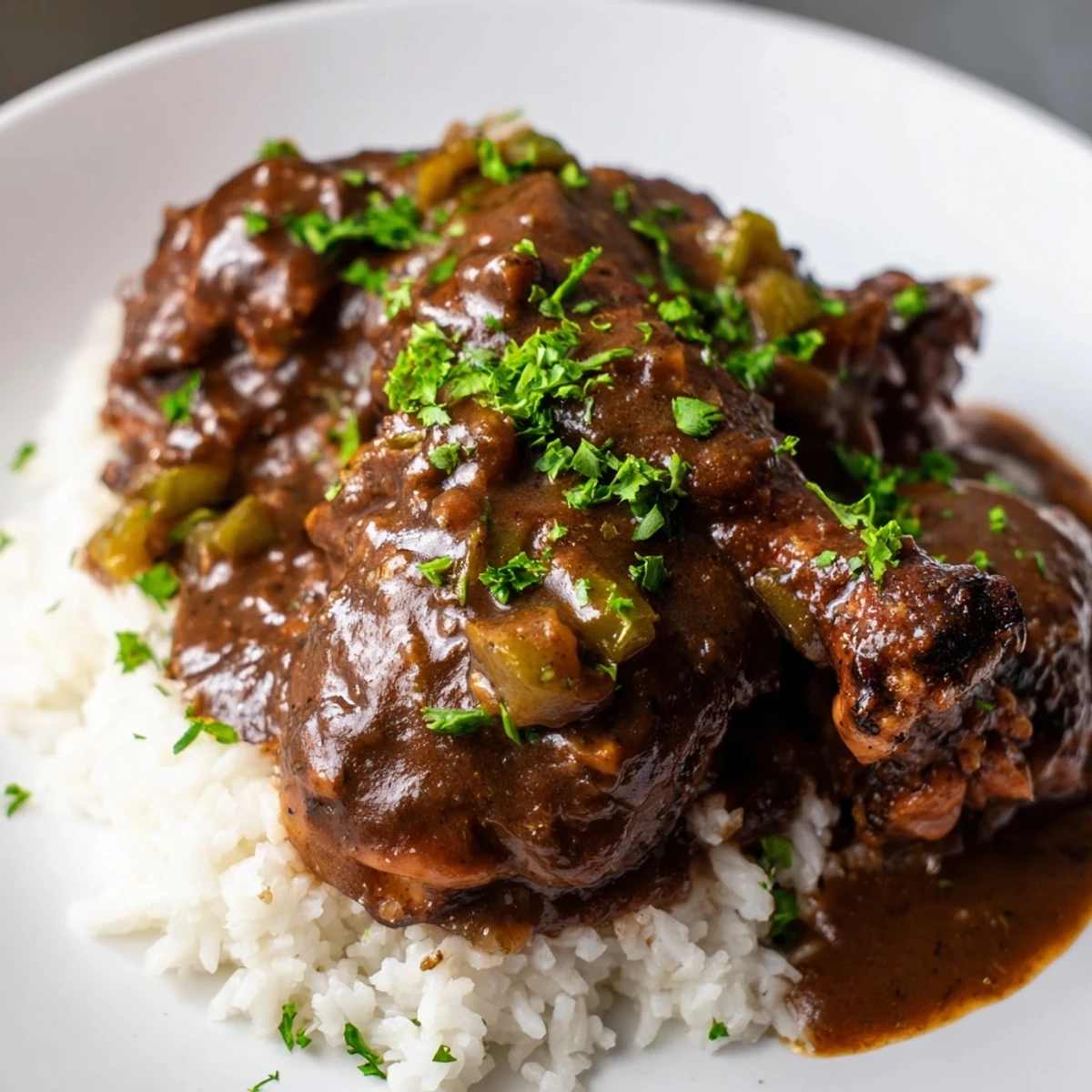 Close-up view of Louisiana Style Chicken Fricassee, highlighting the glossy, dark sauce coating succulent chicken thighs against a rustic background.