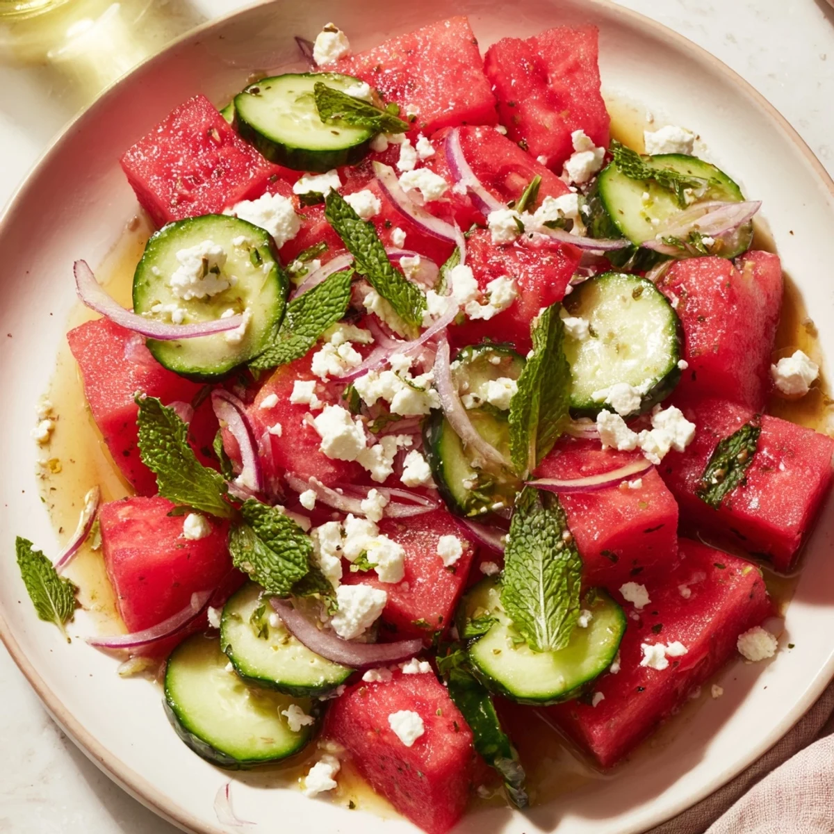 Fresh cubes of watermelon and creamy feta create a vibrant Pink Watermelon Salad with Feta on a serving plate.