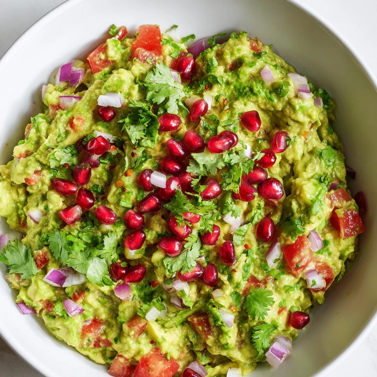 Vibrant green Touchdown Spicy Guacamole garnished with pomegranate seeds, ready for a game day snack platter.