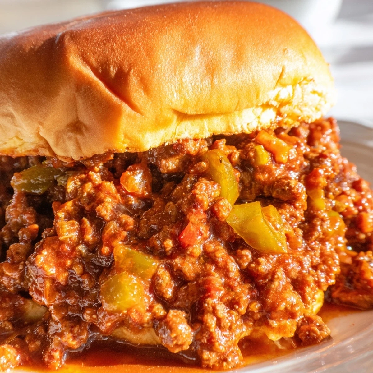 A close-up of Beef Sloppy Joes on toasted buns, garnished with bright green chopped onions and a side of pickles.