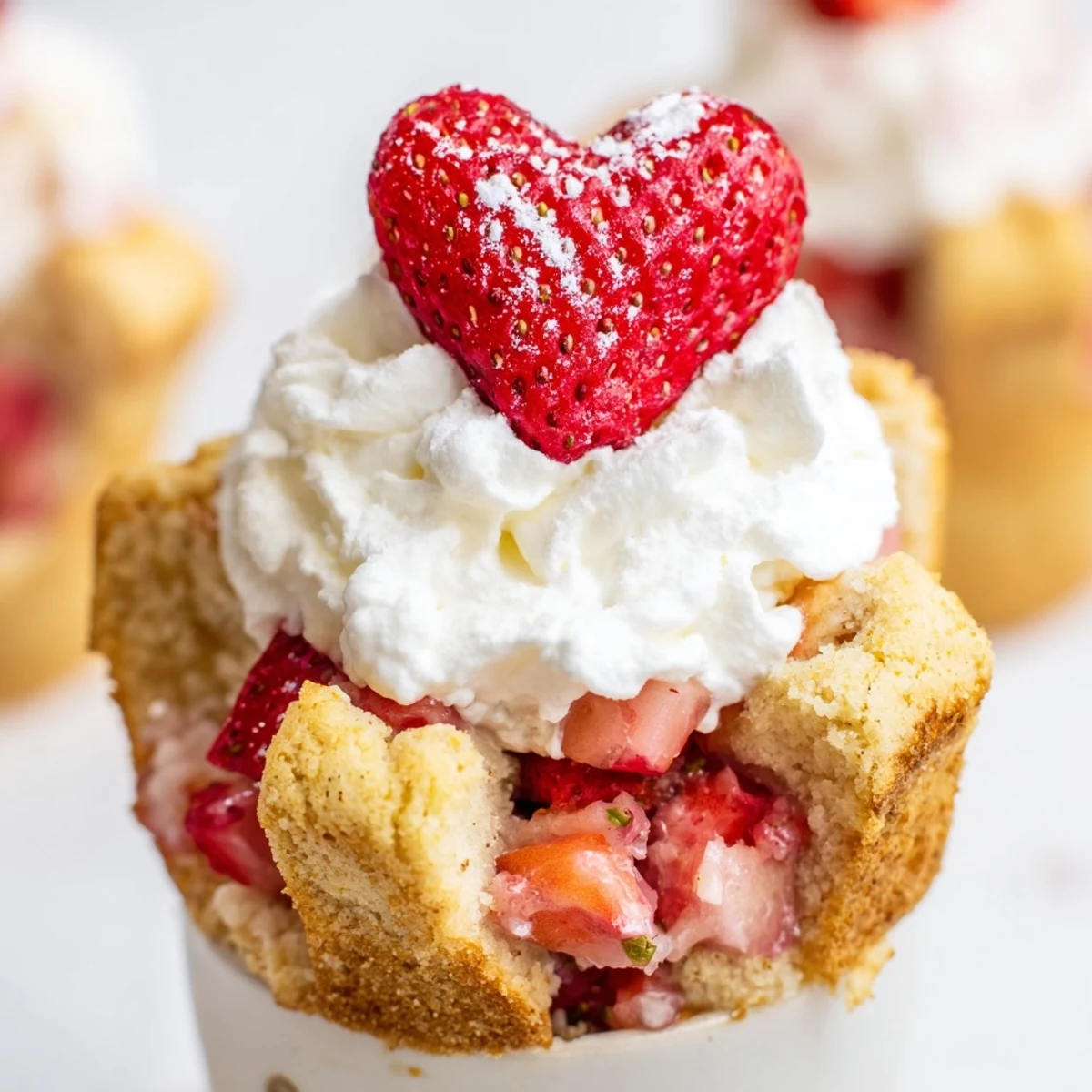 Individual Valentine Strawberry Shortcake Cups served in clear glasses, perfect for a romantic dessert on Valentine's Day.