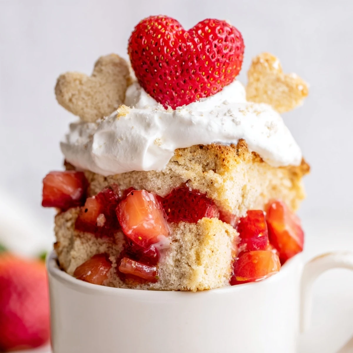 Freshly baked Valentine Strawberry Shortcake Cups topped with a juicy strawberry garnish and soft, sweet whipped cream peaks.