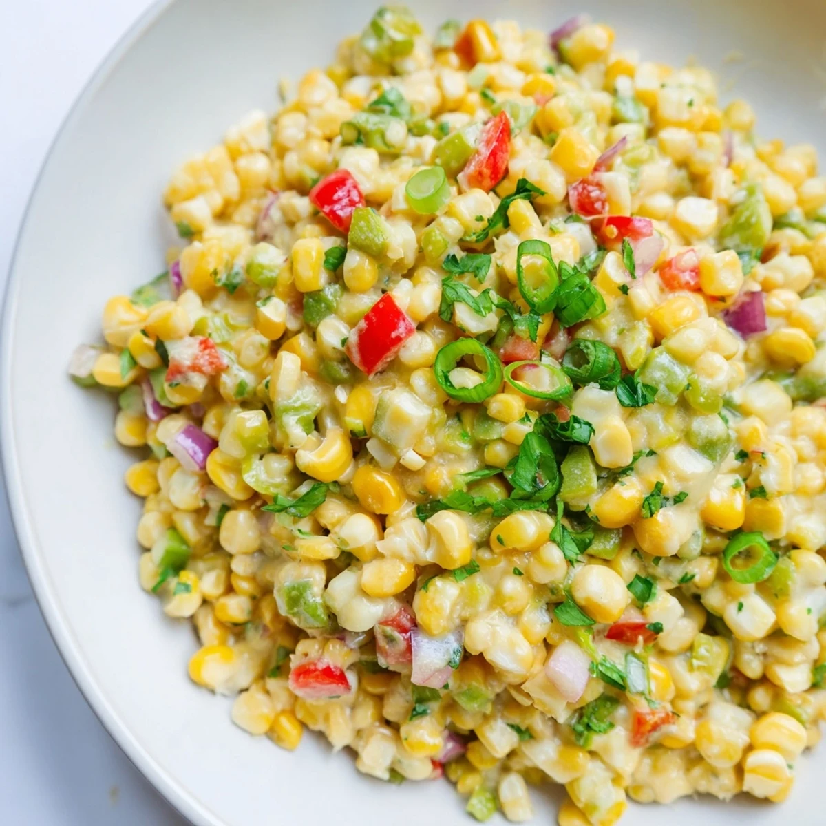 Fresh Creole Corn Maque Choux simmering in a skillet with red bell peppers, tomatoes, and creamy sauce.