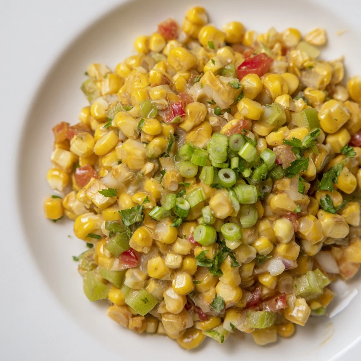 Southern-style Creole Corn Maque Choux served as a hearty side dish with sweet corn and spices.