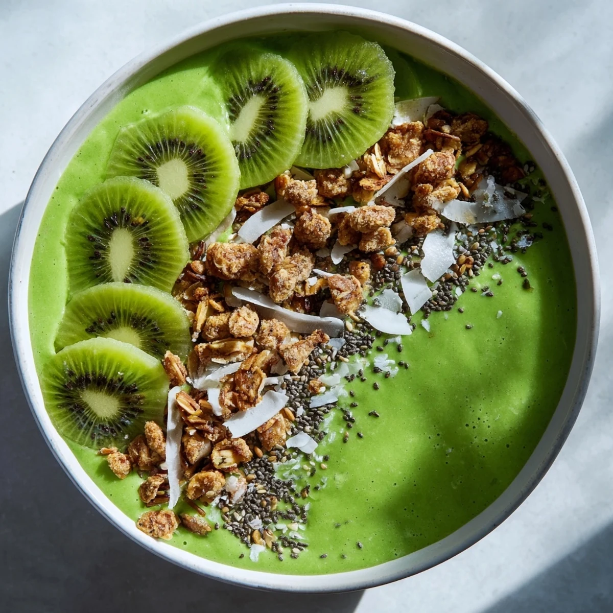 Vibrant green Green Smoothie Bowl with Spinach and Kiwi topped with sliced kiwi and chia seeds.