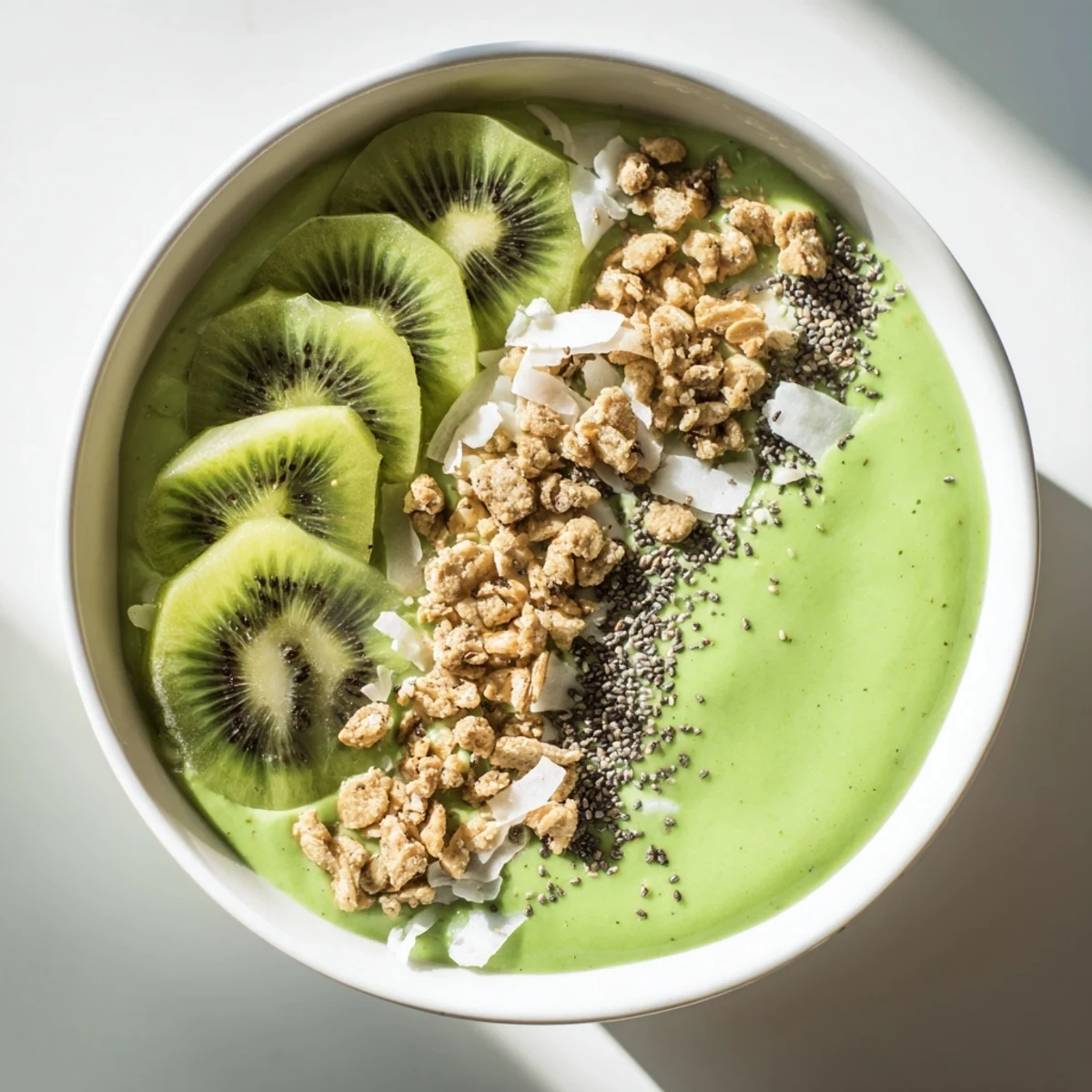 Two chilled Green Smoothie Bowls with Spinach and Kiwi garnished with fresh berries and lime.