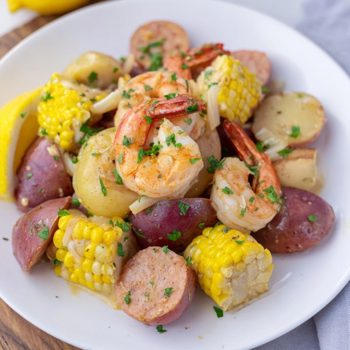 Mardi Gras Shrimp Boil with corn and spicy Andouille sausage steaming on a platter, ready for a festive celebration.