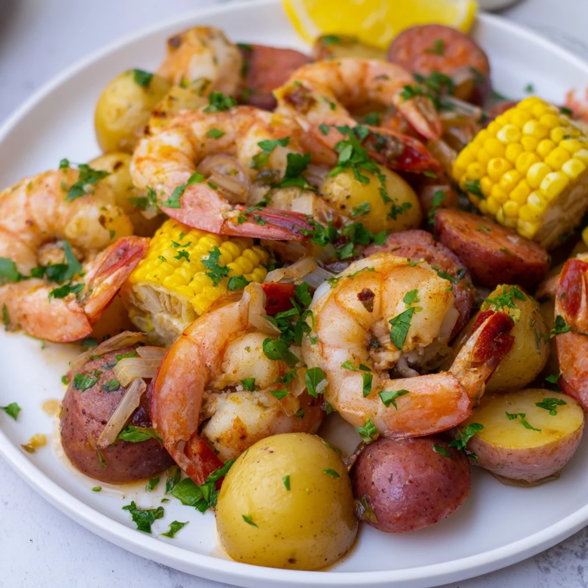 Freshly boiled shrimp with potatoes, corn, and sausage are spread out, glistening with butter and herbs.