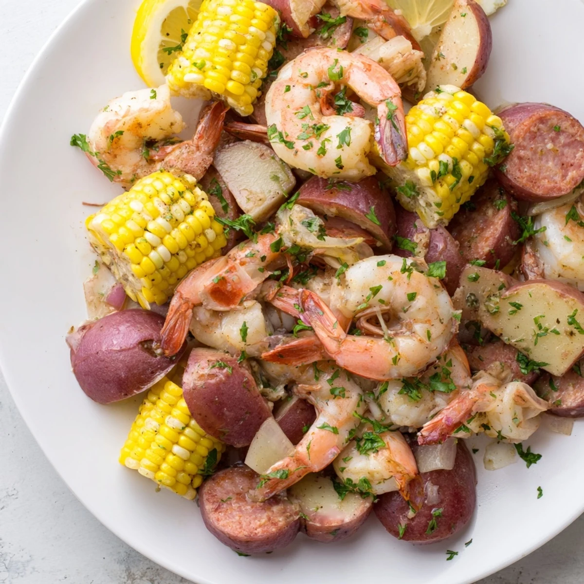 A hearty Mardi Gras Shrimp Boil with tender shrimp, bright corn, and potatoes, served with lemon wedges.