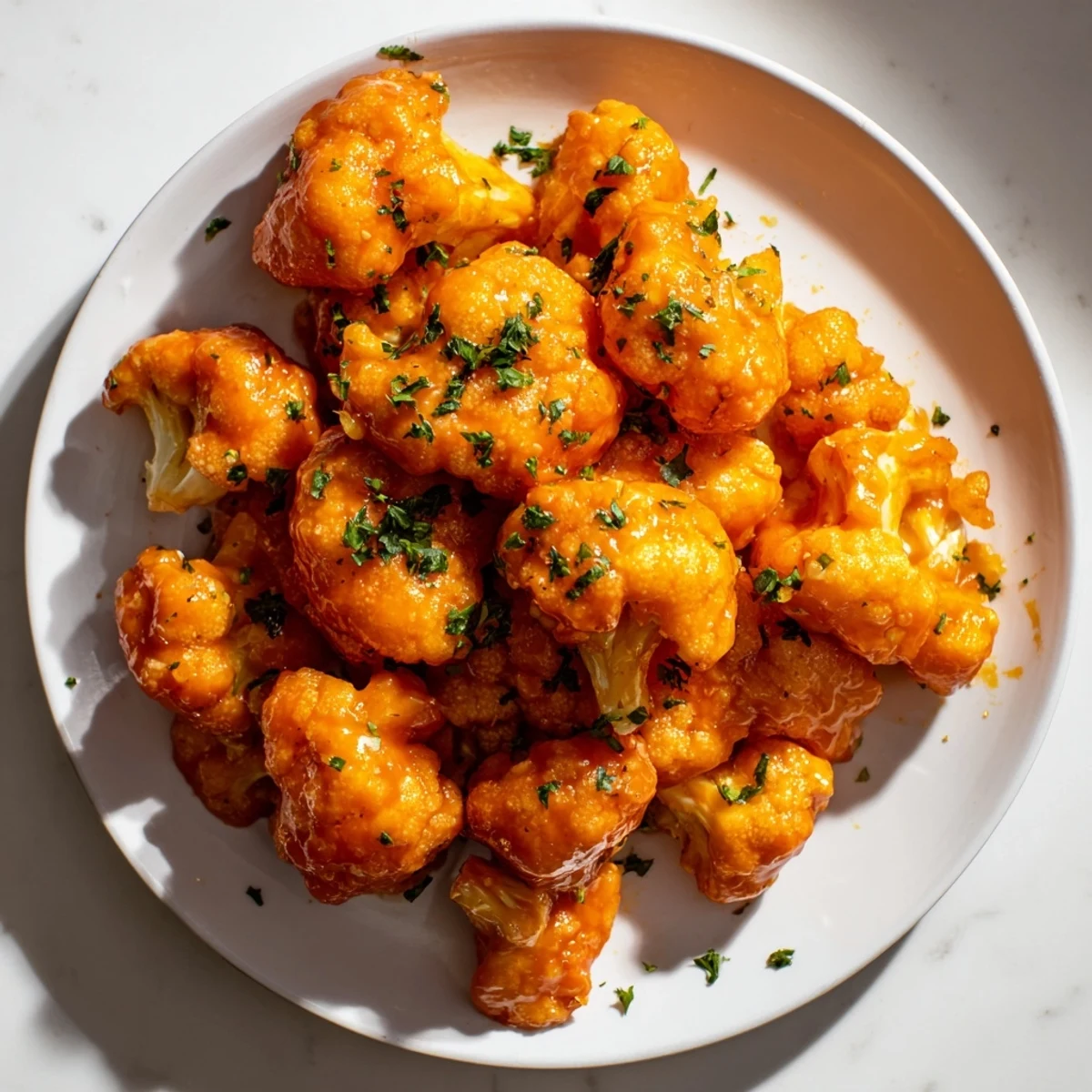 Crispy golden Big Game Buffalo Cauliflower Wings piled high on a platter with celery and carrot sticks, served with a side of ranch.