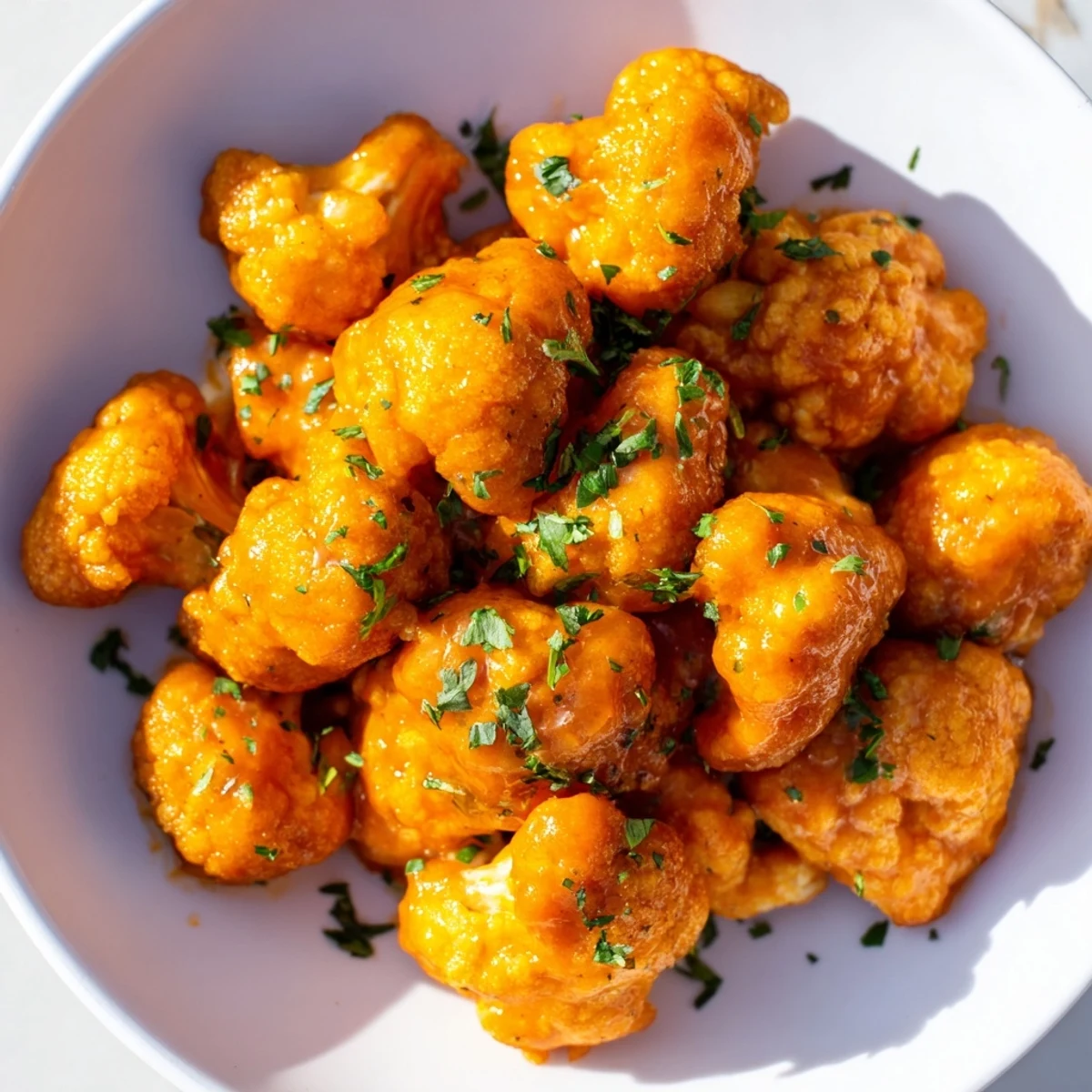 Freshly baked Big Game Buffalo Cauliflower Wings tossed in tangy spicy sauce, garnished with parsley and ready to dip into cool blue cheese.