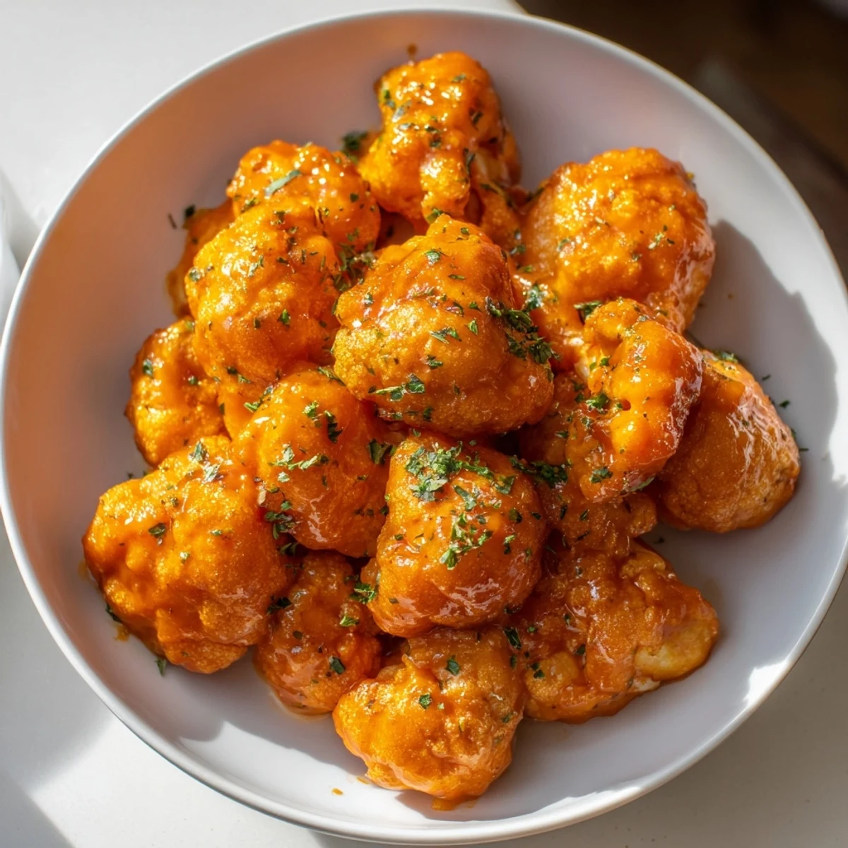 Golden brown Big Game Buffalo Cauliflower Wings on a baking sheet, coated in glossy buffalo glaze alongside crisp vegetables for the ultimate game day snack.