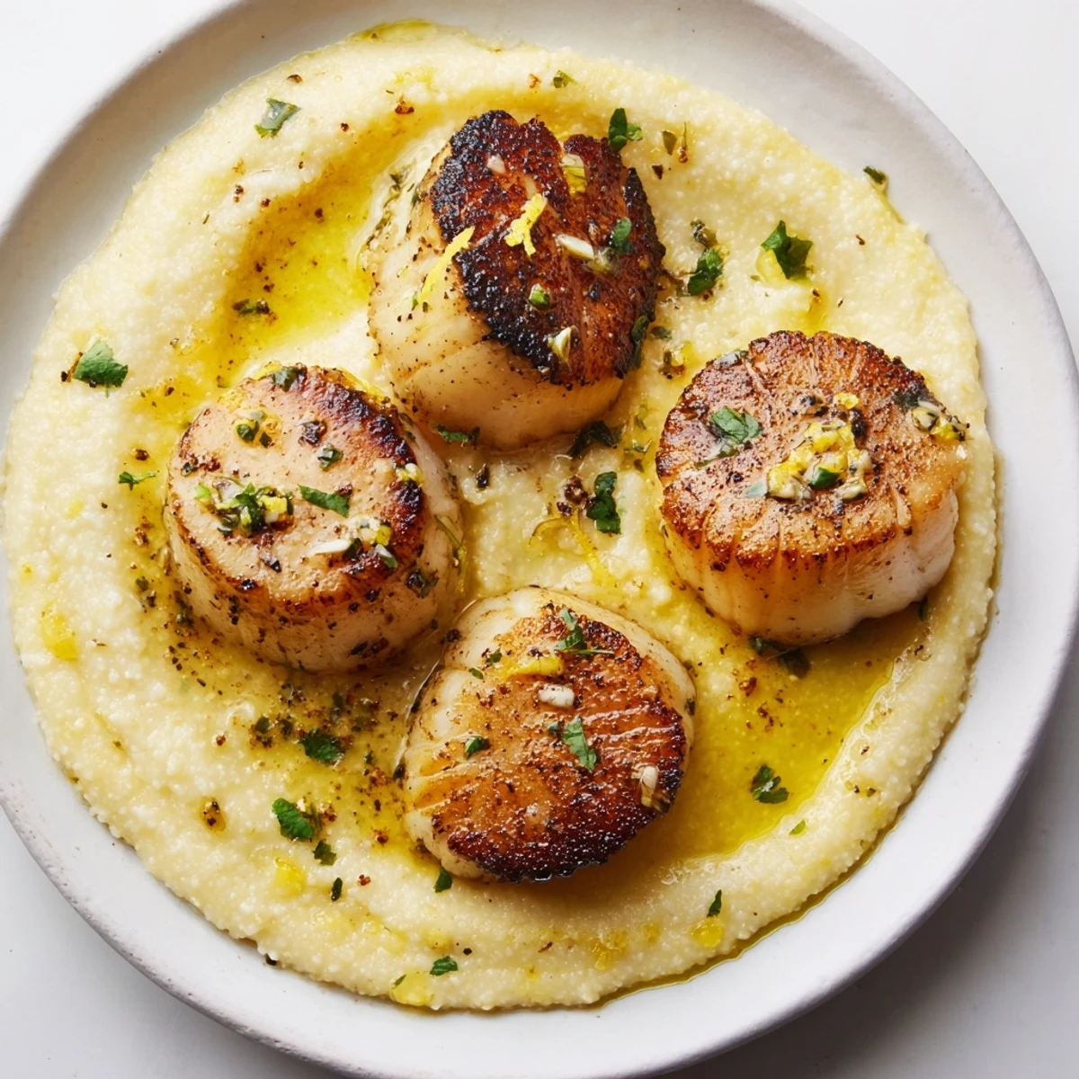 Golden seared Romantic Scallops with Polenta plated on a white dish, garnished with fresh parsley.