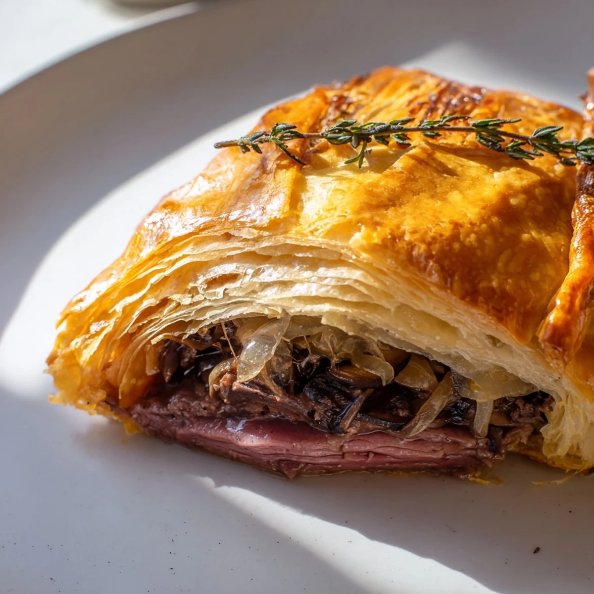 Individual Mini Beef Wellingtons with Mushroom Paste reveal sliced tender beef and savory filling, beautifully plated for an impressive appetizer course.