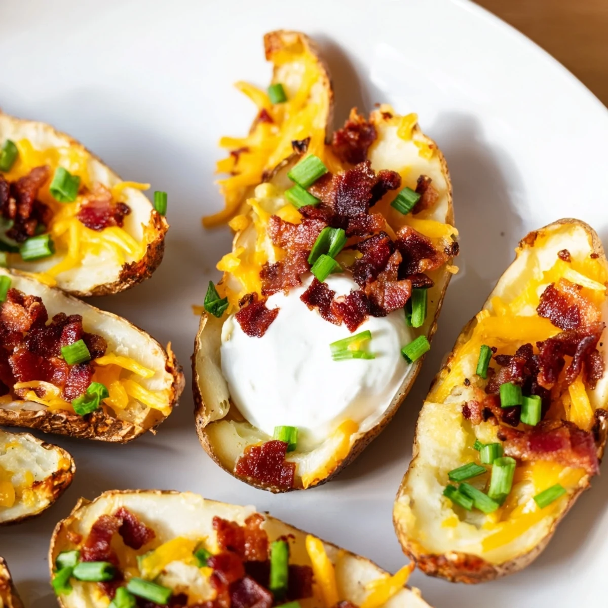 Crispy Loaded Potato Skins with Cheddar and Beef Bacon, fresh from the oven, topped with melted cheese and dollops of sour cream.