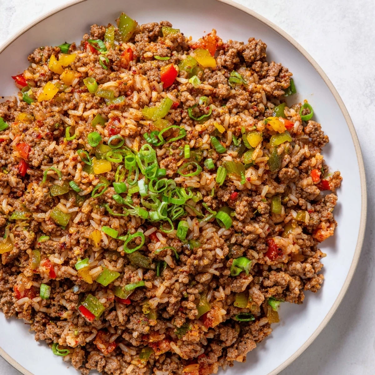 A steaming bowl of Cajun Dirty Rice with Ground Beef and Peppers, garnished with fresh parsley and green onions.  