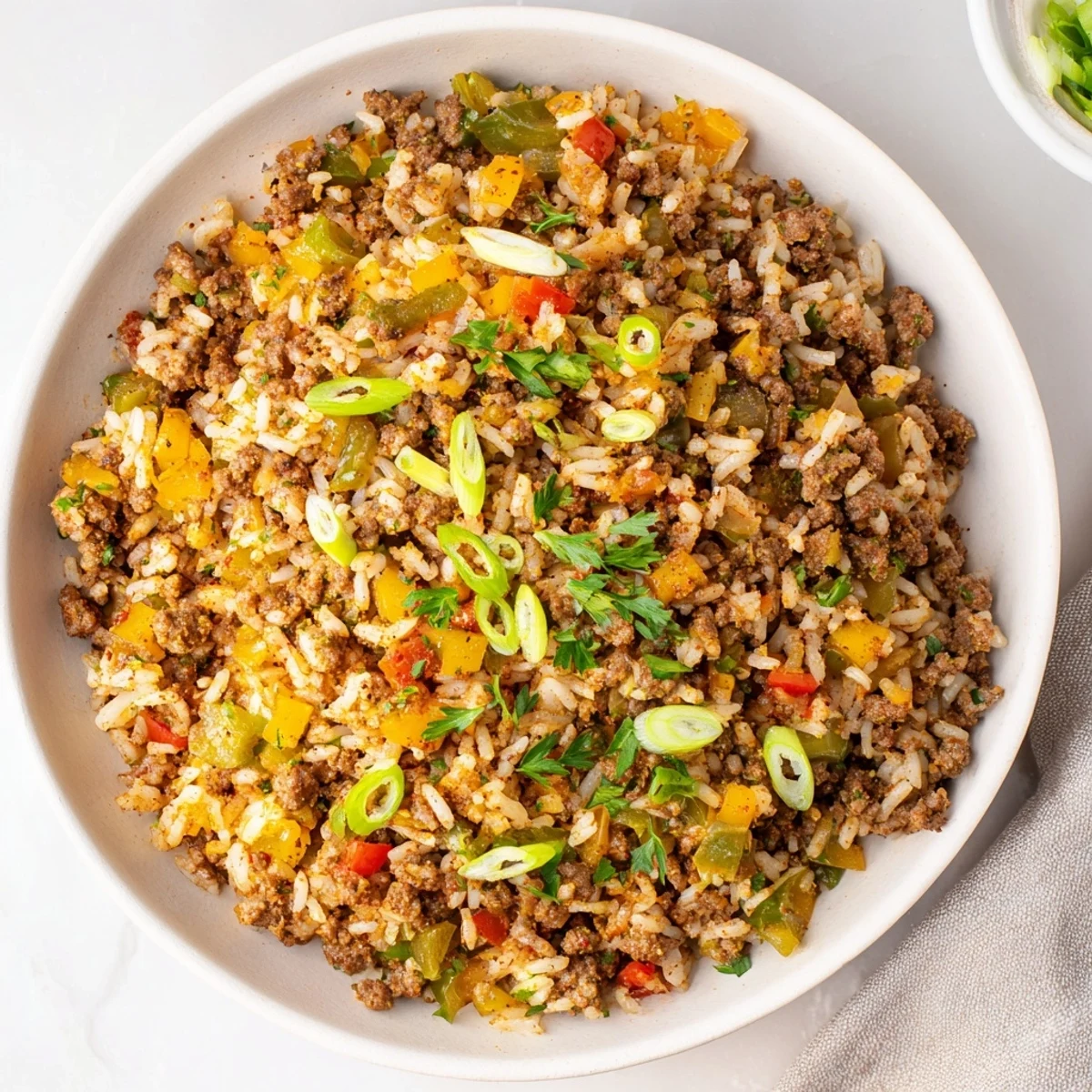 Hearty Cajun Dirty Rice with Ground Beef and Peppers served alongside a crisp salad and iced tea.  