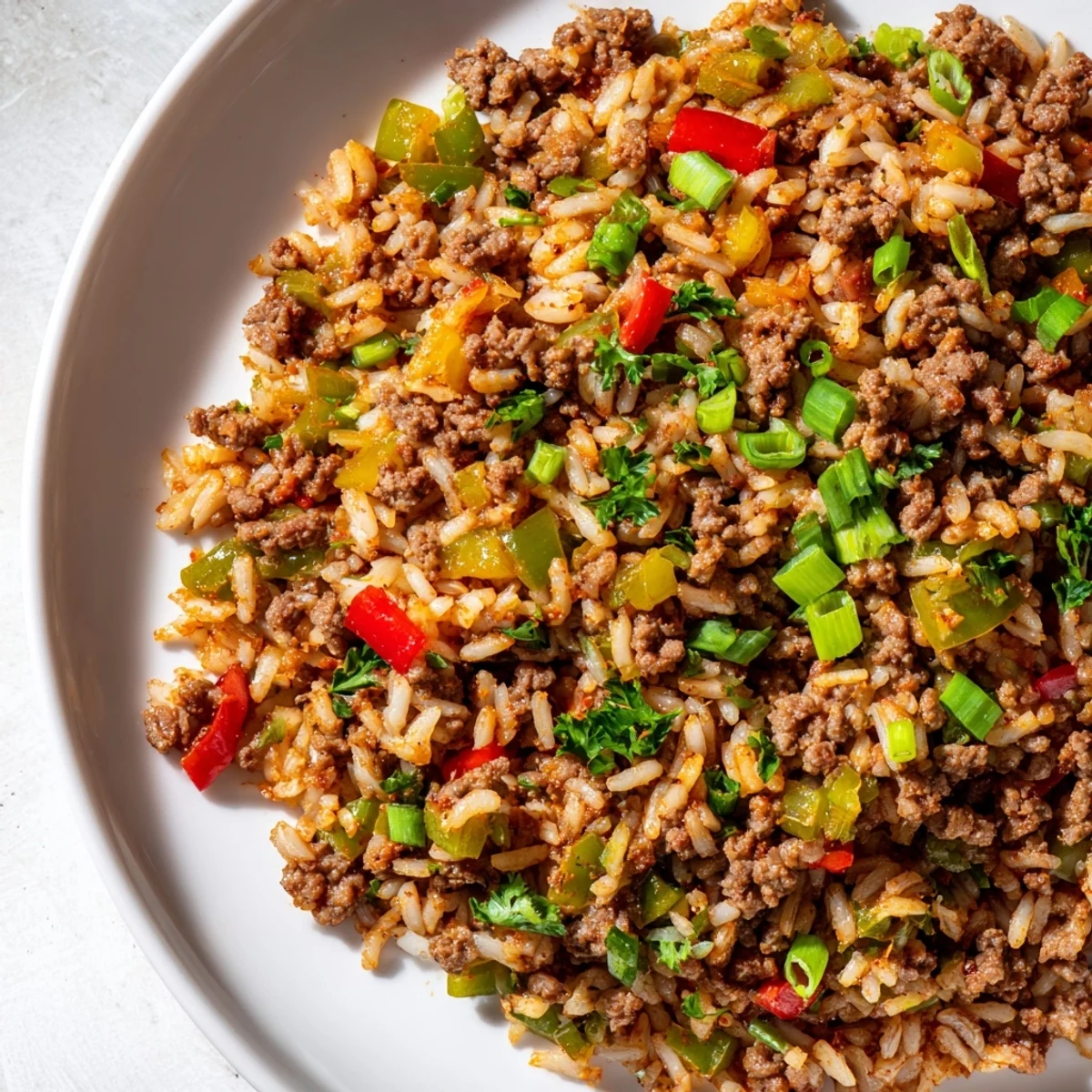 A rustic skillet of Cajun Dirty Rice with Ground Beef and Peppers, showcasing tender rice and colorful peppers.
