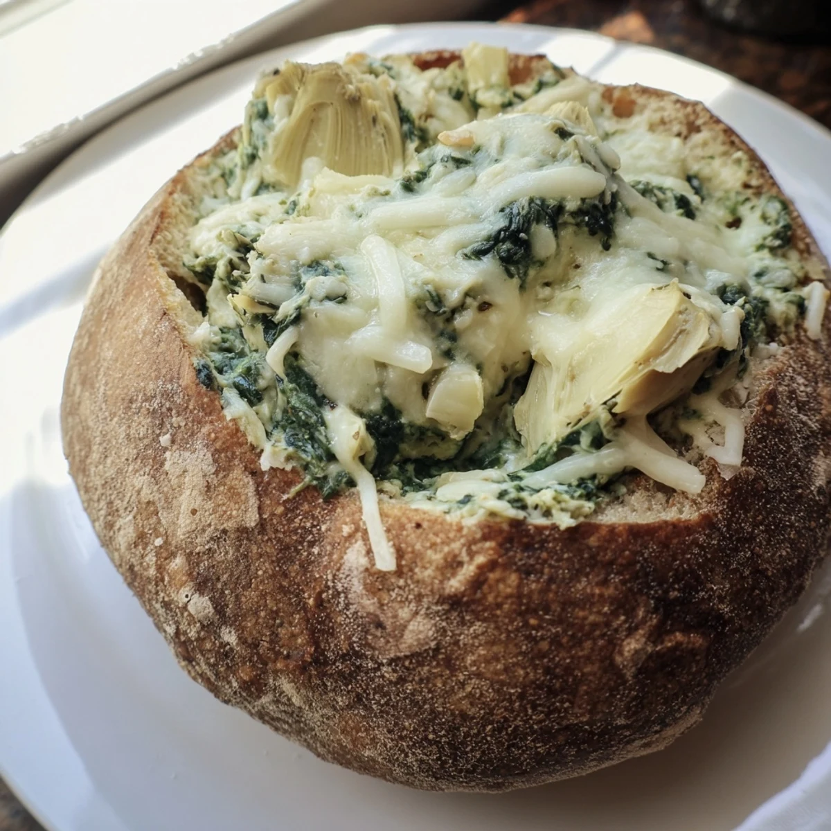 Golden, bubbly Creamy Spinach and Artichoke Dip served warm inside a hollowed-out crusty sourdough bread bowl, ready for dipping.  