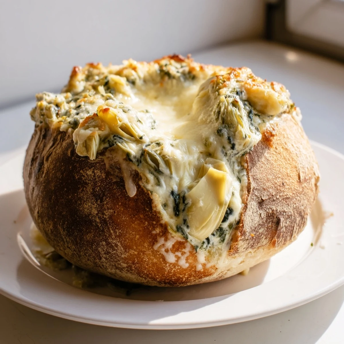 Freshly baked Creamy Spinach and Artichoke Dip in a golden bread bowl, ideal for sharing at parties or game day.