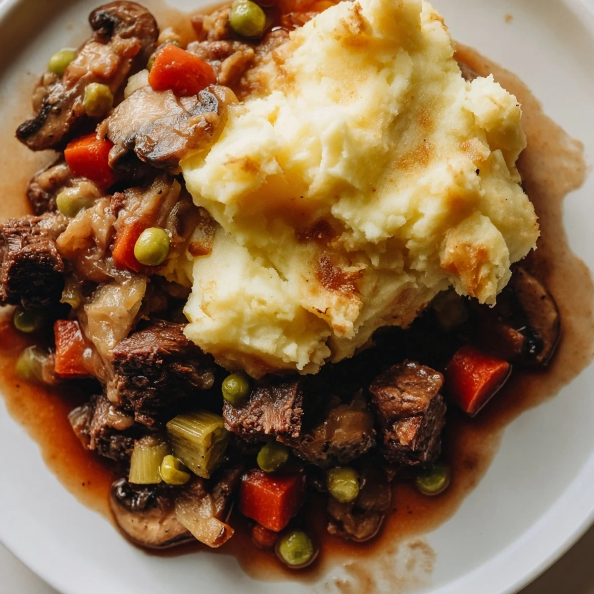 Golden-brown Shepherds Pie with Braised Lamb and Vegetables, steam rising from hearty peas, parsnips, and tender lamb under a buttery mash topping.