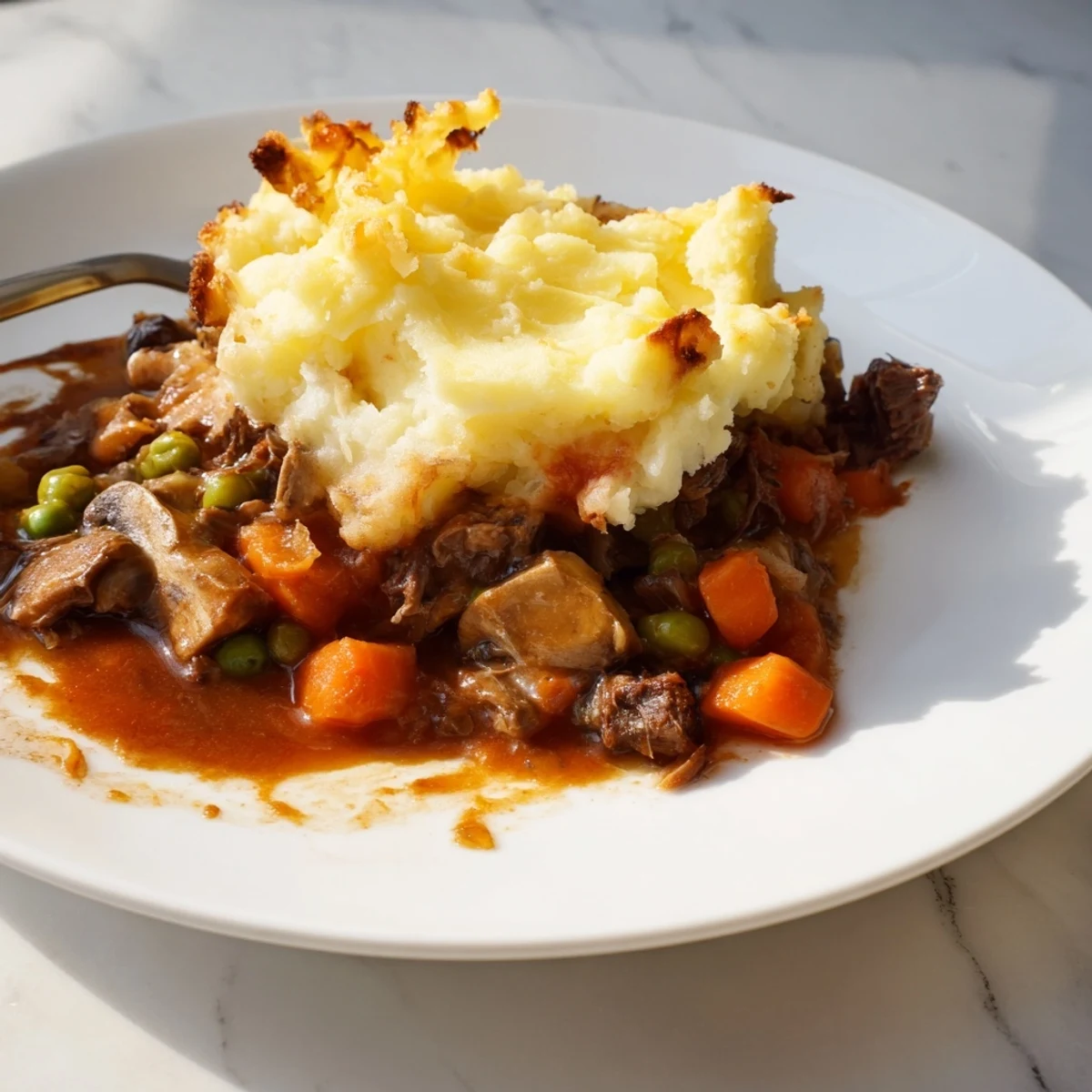 A rustic family-style casserole of Shepherds Pie with Braised Lamb and Vegetables, served in a dish alongside a glass of red wine.