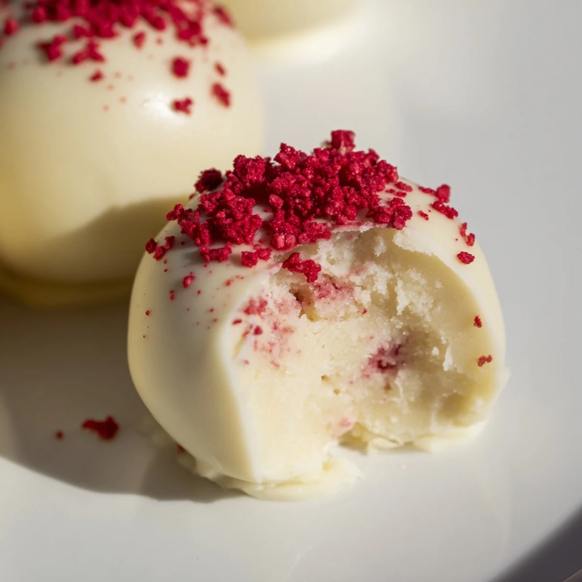 Glossy White Chocolate Raspberry Truffles on a marble platter, with a bite showing the vibrant red raspberry filling and crushed freeze-dried raspberries.